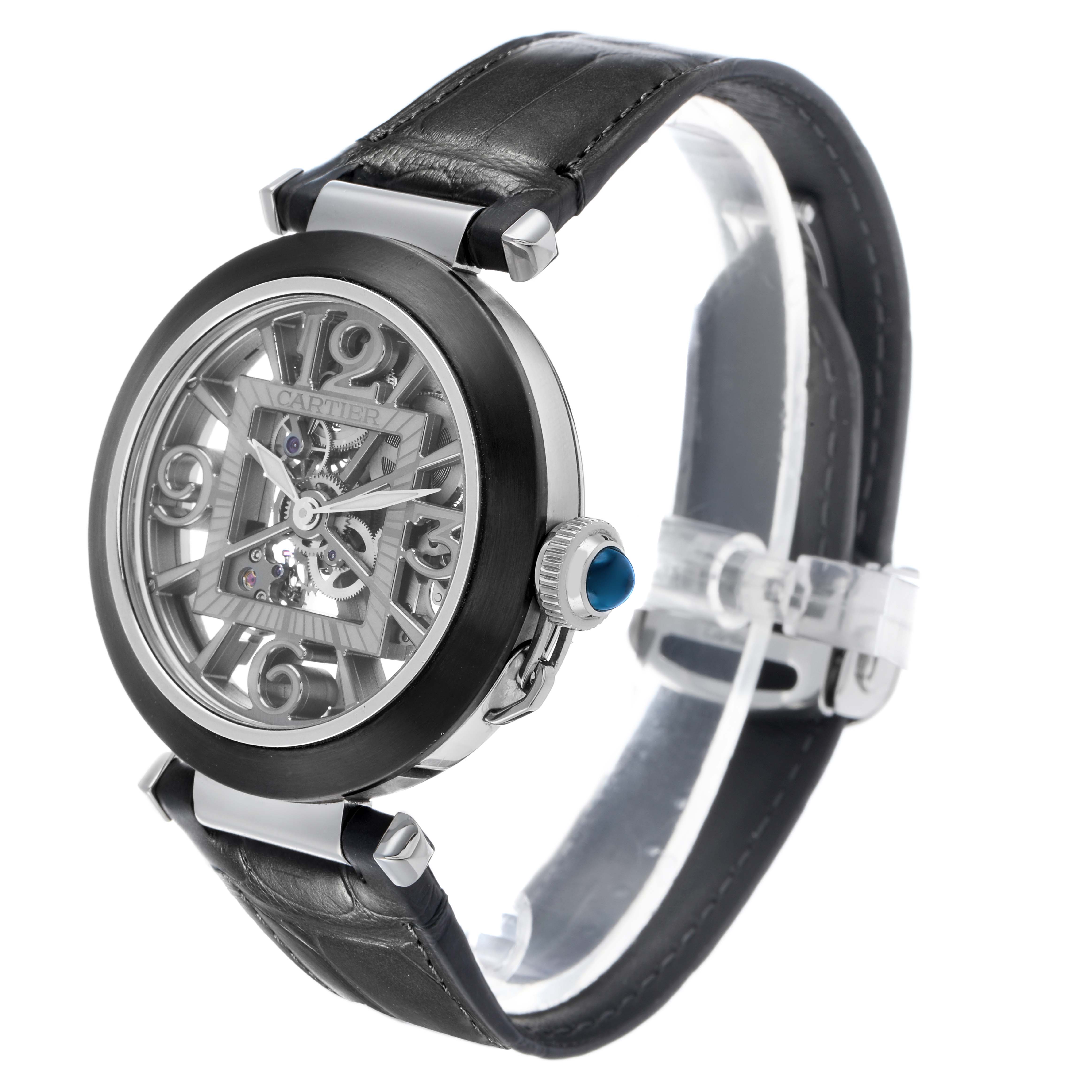 The Cartier Pasha WHPA0017 Men's Stainless Steel Transparent Dial watch is shown at a slight side angle, highlighting its skeleton dial, unique bezel, and leather strap.