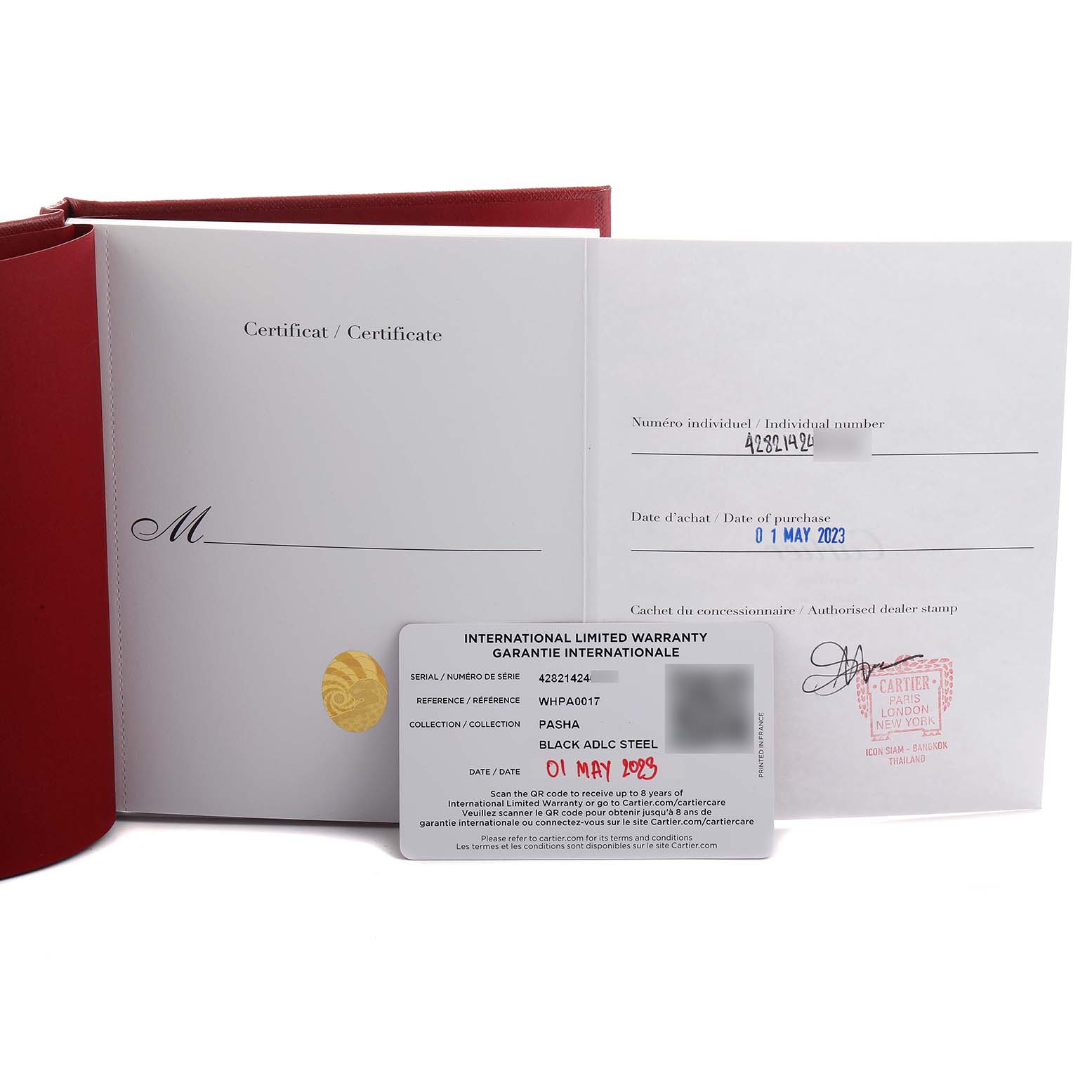 The image shows the warranty card and certificate for the Cartier Pasha WHPA0017 Men's Stainless Steel Transparent Dial model, lying flat with text visible.