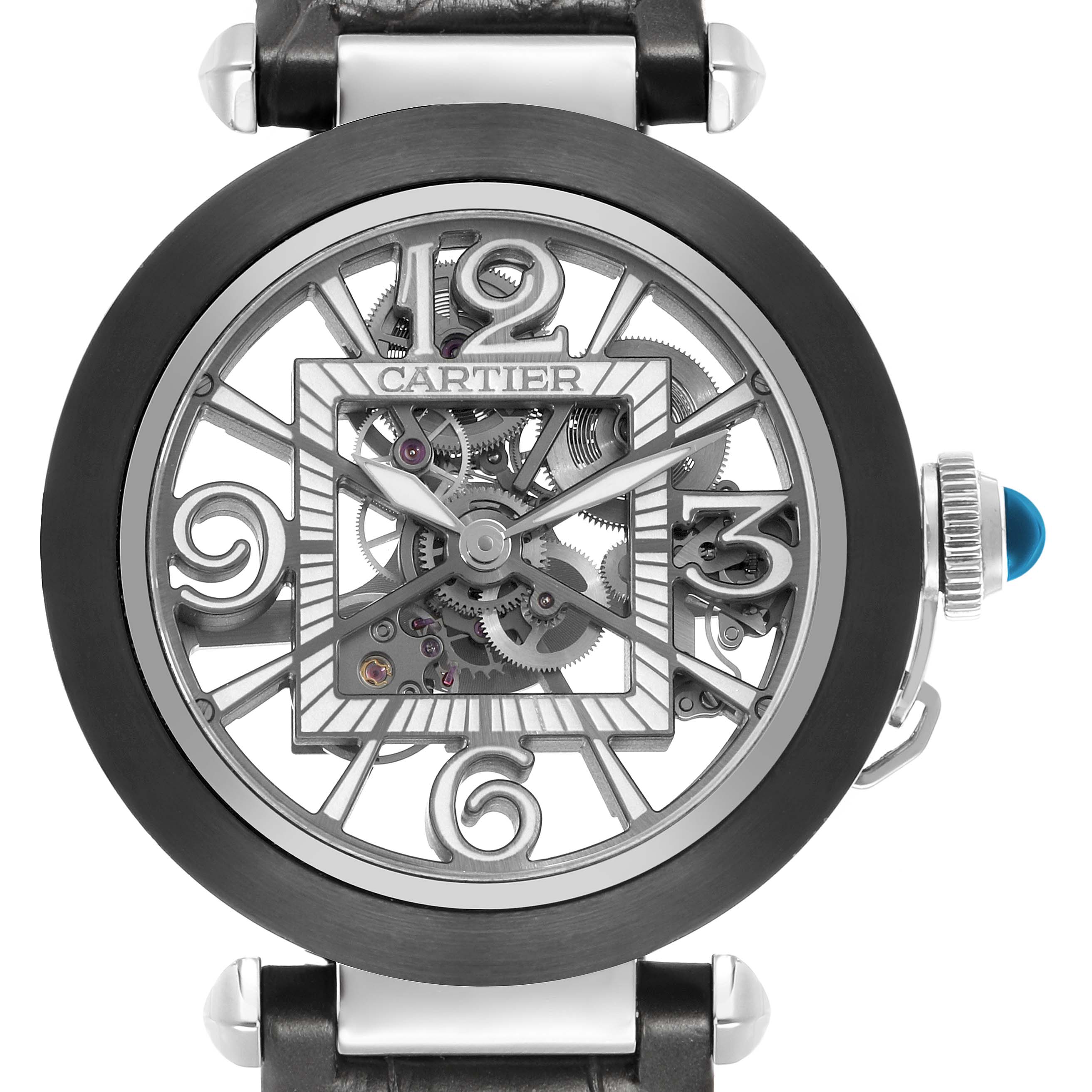 The Cartier Pasha WHPA0017 Men's Stainless Steel Transparent Dial watch is shown front-facing, highlighting its skeleton dial and gear mechanisms.