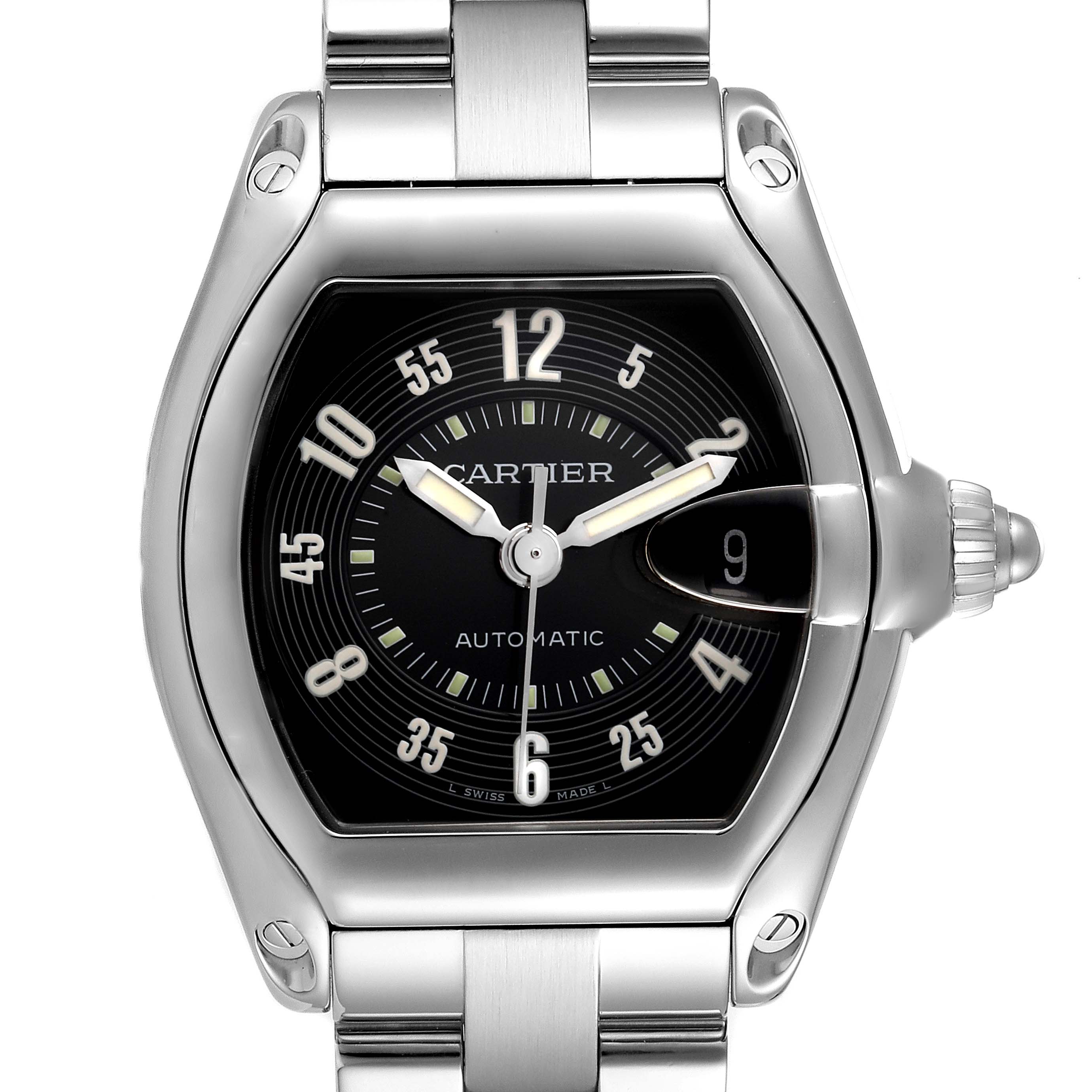 This image shows a front view of the Cartier Roadster W62004V3 Men's Stainless Steel Black Dial W62004V3 Men's Stainless Steel Black Dial model watch, highlighting its face and bracelet.