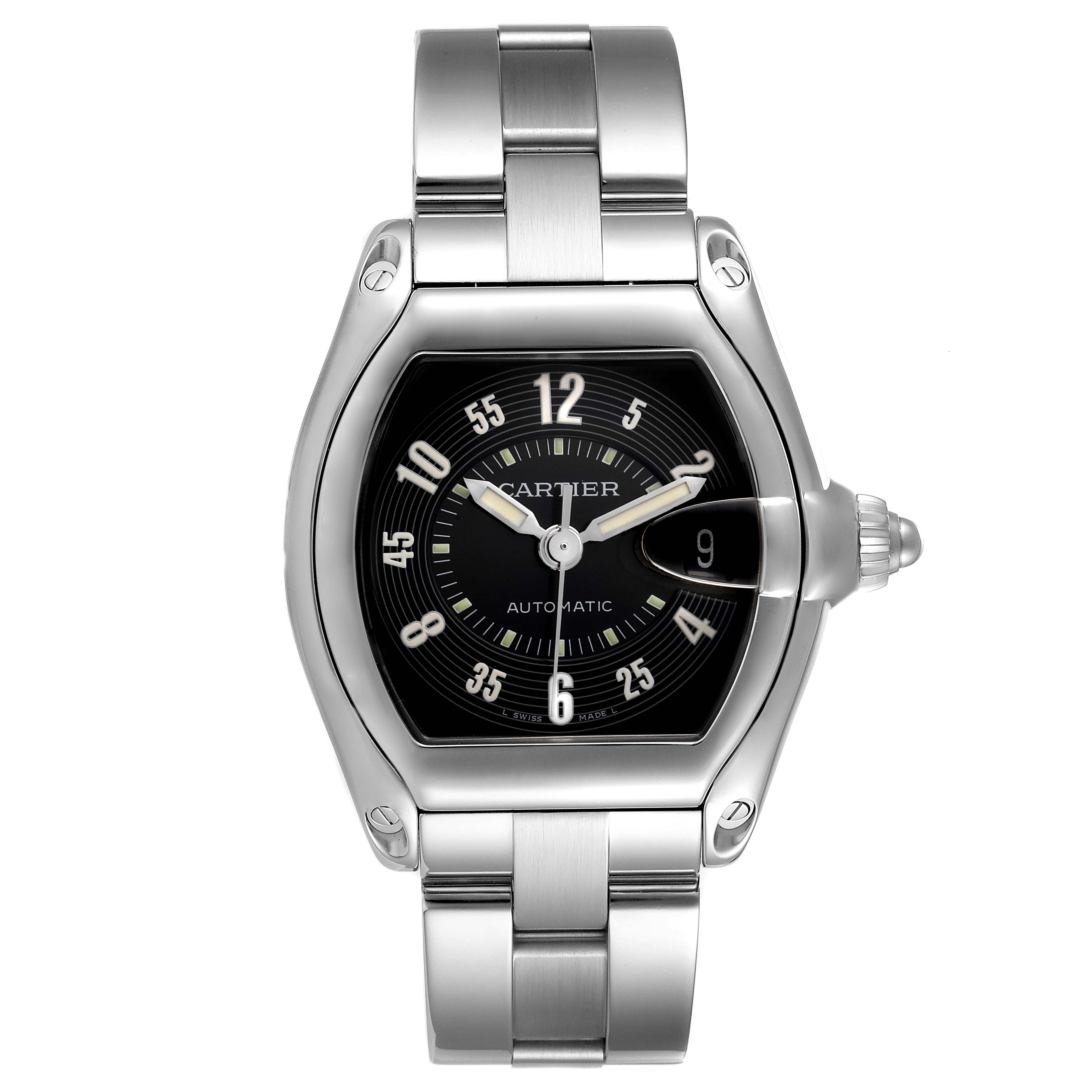 This image shows a top-view angle of a Cartier Roadster W62004V3 Men's Stainless Steel Black Dial W62004V3 Men's Stainless Steel Black Dial watch, highlighting its face, bezel, and bracelet.