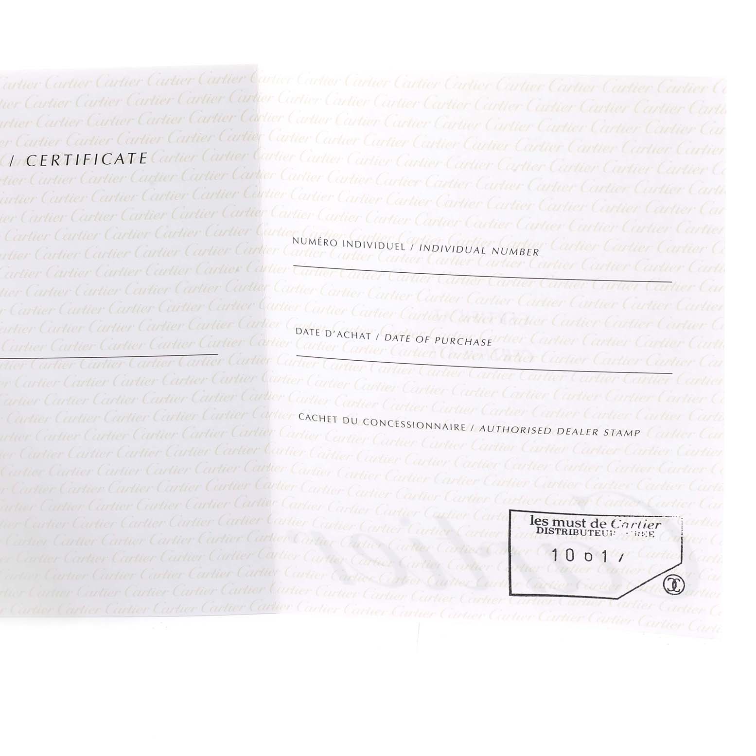 This image shows the authenticity certificate for a Cartier Roadster W62004V3 Men's Stainless Steel Black Dial W62004V3 Men's Stainless Steel Black Dial model watch.