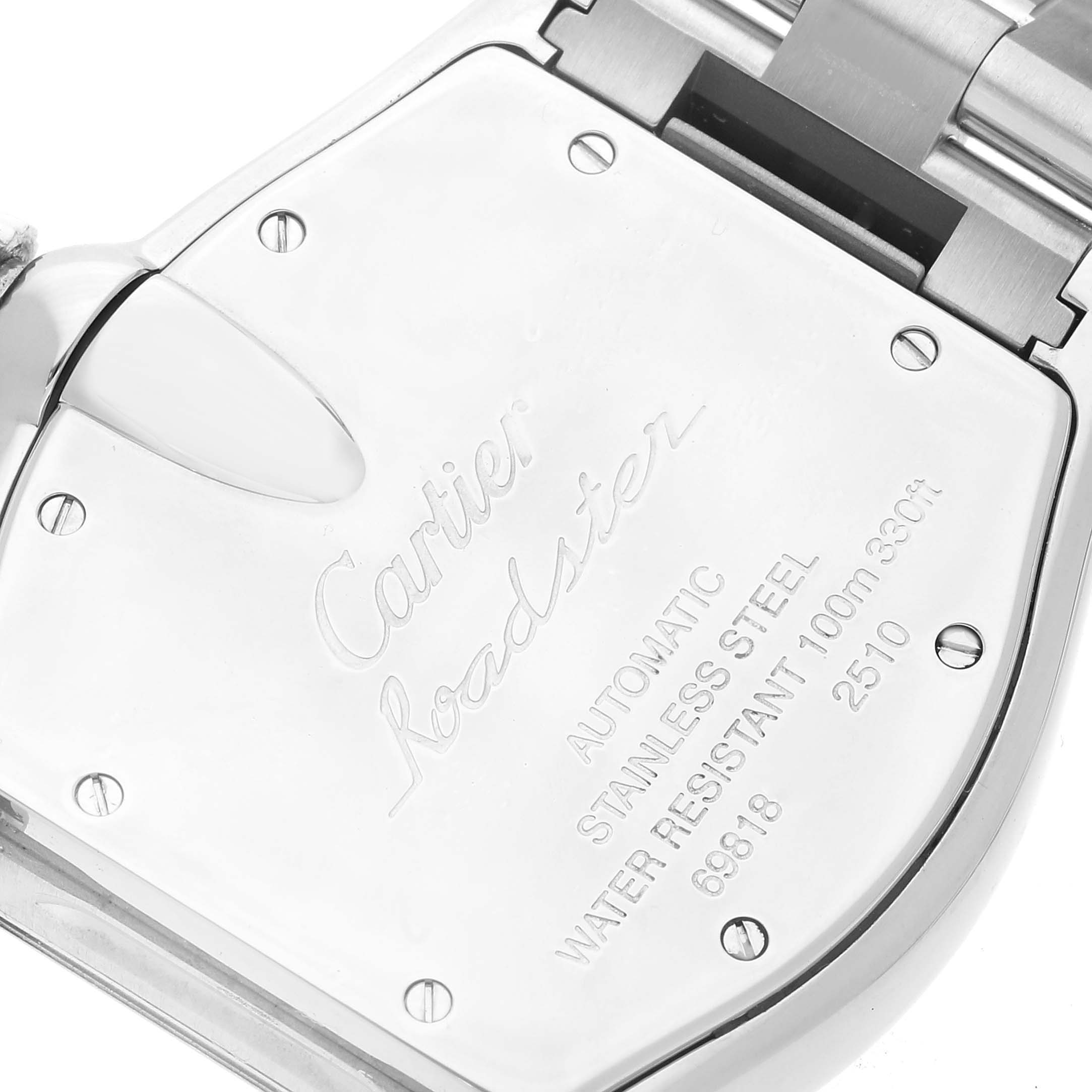This image shows the backside of a Cartier Roadster W62004V3 Men's Stainless Steel Black Dial W62004V3 Men's Stainless Steel Black Dial watch, highlighting the engravings and clasp.
