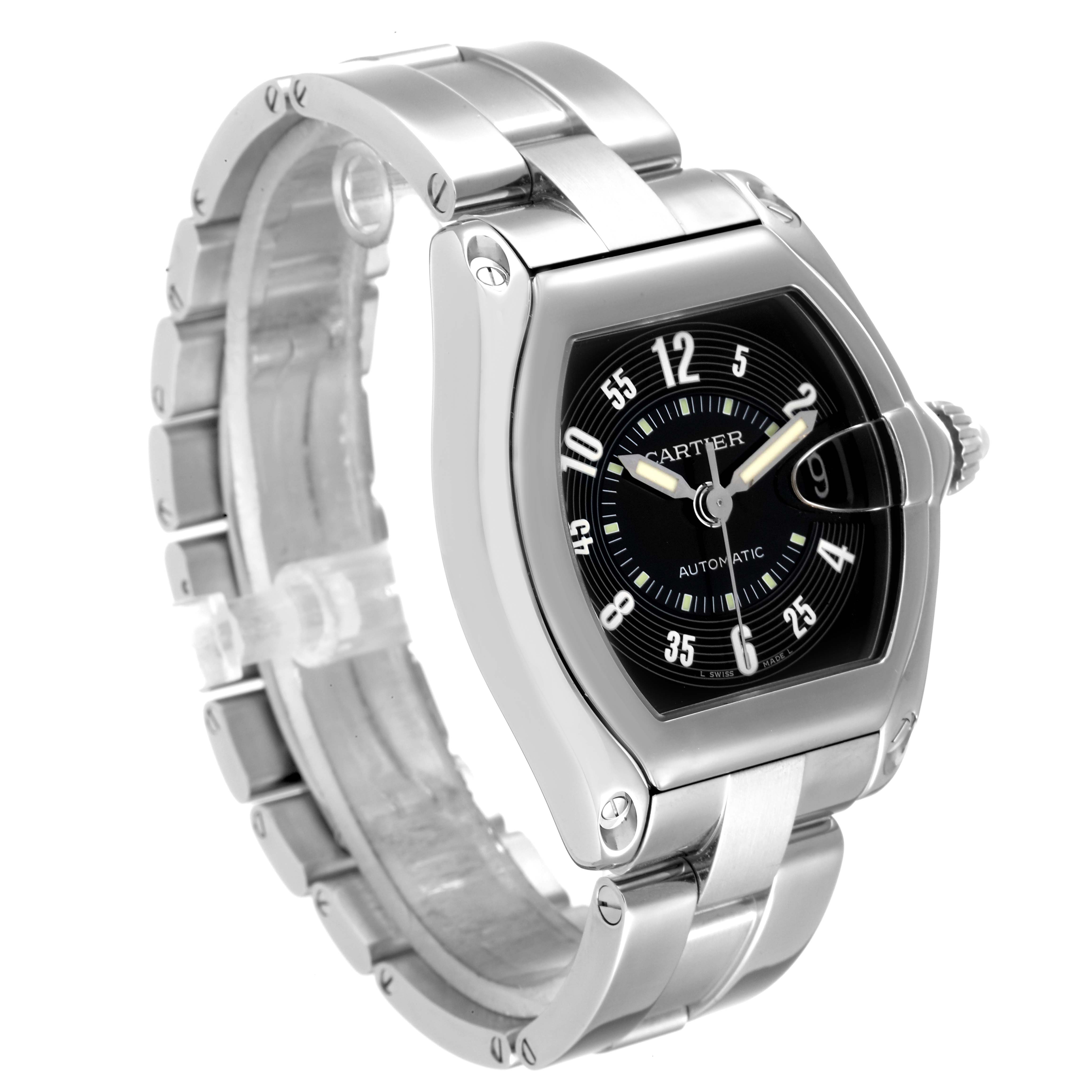 This image shows a Cartier Roadster W62004V3 Men's Stainless Steel Black Dial W62004V3 Men's Stainless Steel Black Dial watch at a three-quarter angle, revealing its bracelet, casing, and dial.
