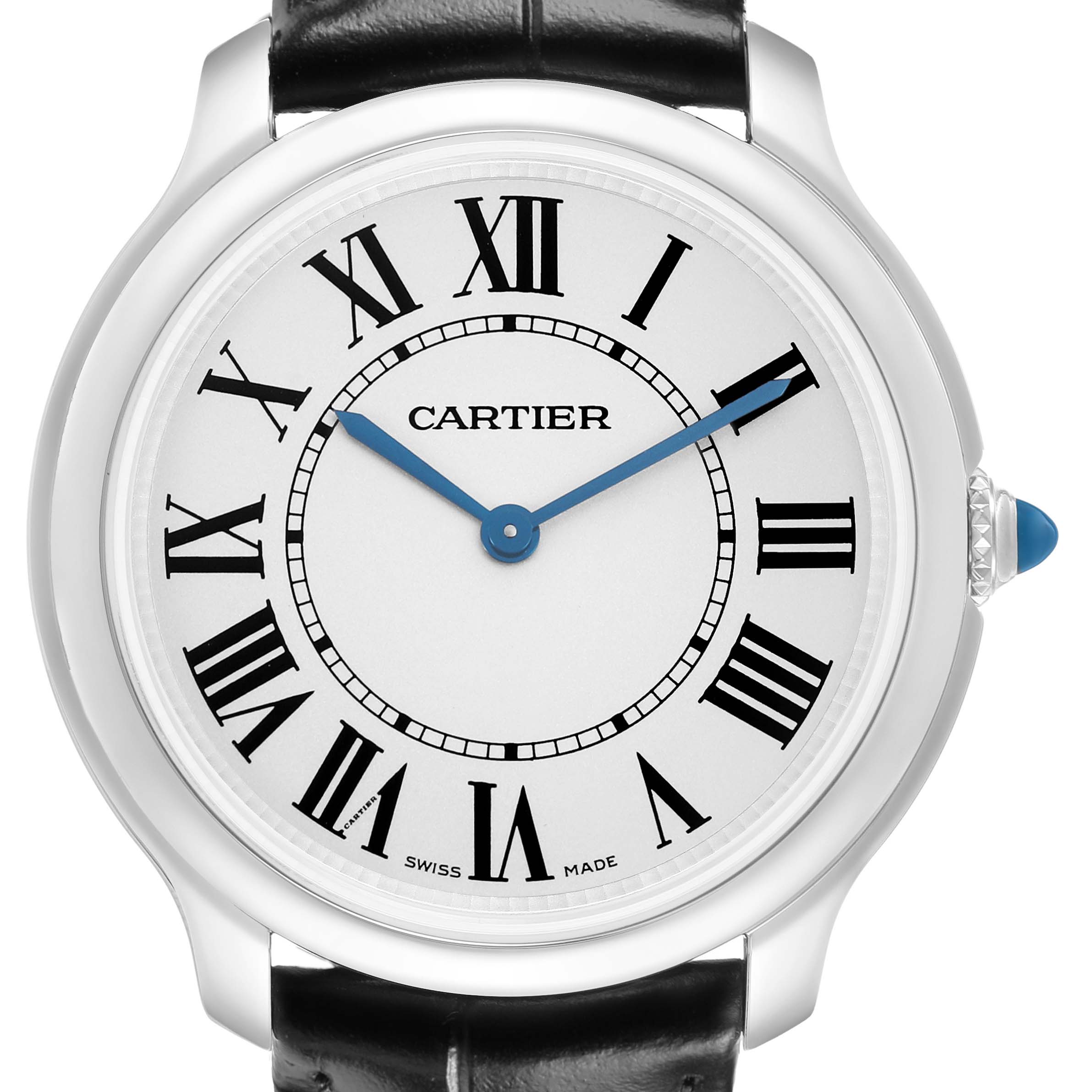 The Cartier Ronde WSRN0031 Men's Stainless Steel Silver Dial watch is shown from a frontal angle, highlighting the dial, Roman numerals, hands, and part of the bezel and strap.