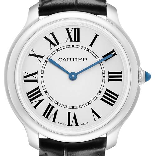 The Cartier Ronde WSRN0031 Men's Stainless Steel Silver Dial watch is shown from the front, highlighting its face with Roman numerals, blue hands, and a leather strap.