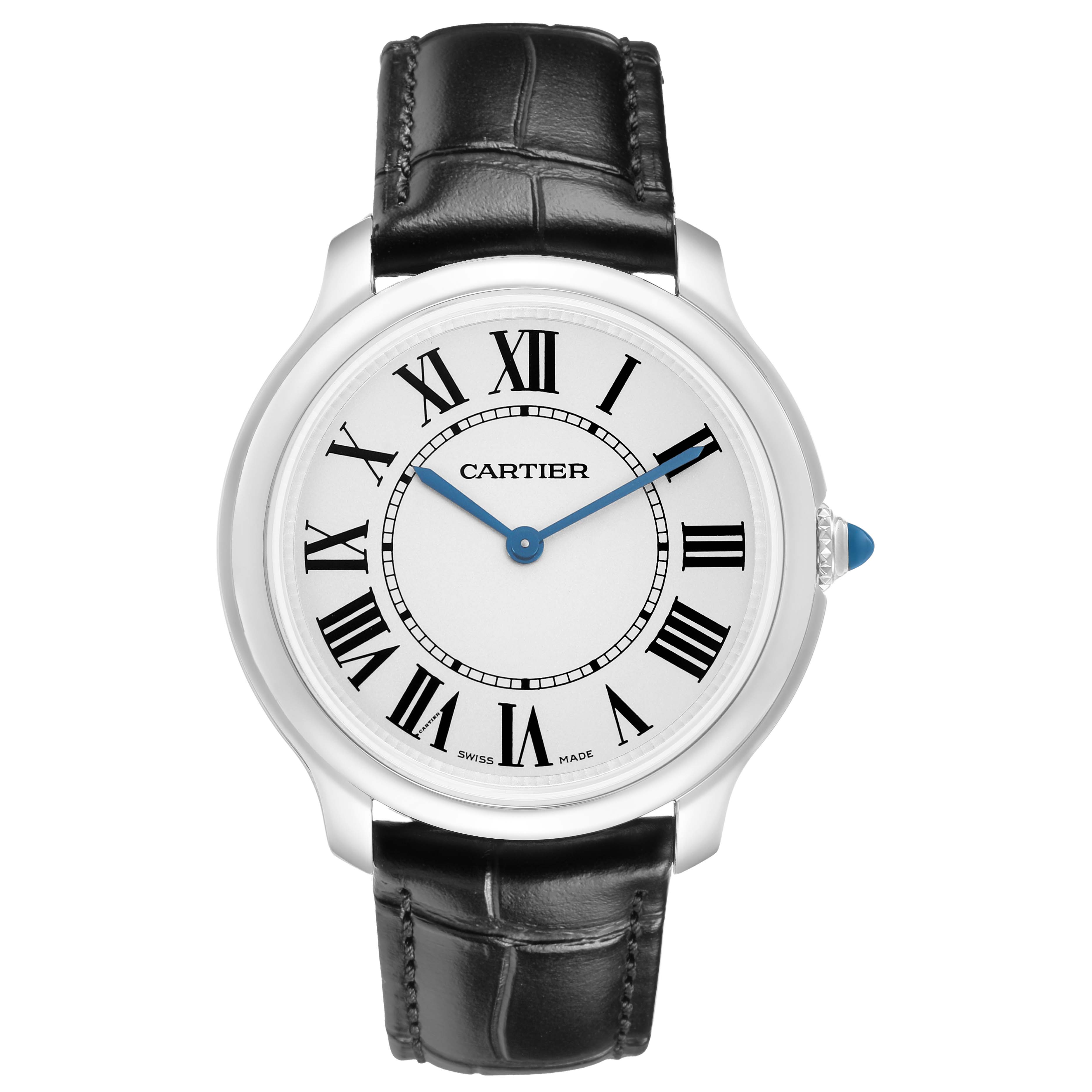 The Cartier Ronde WSRN0031 Men's Stainless Steel Silver Dial watch is shown from the front, featuring a white dial with Roman numerals, blue hands, and a black leather strap.