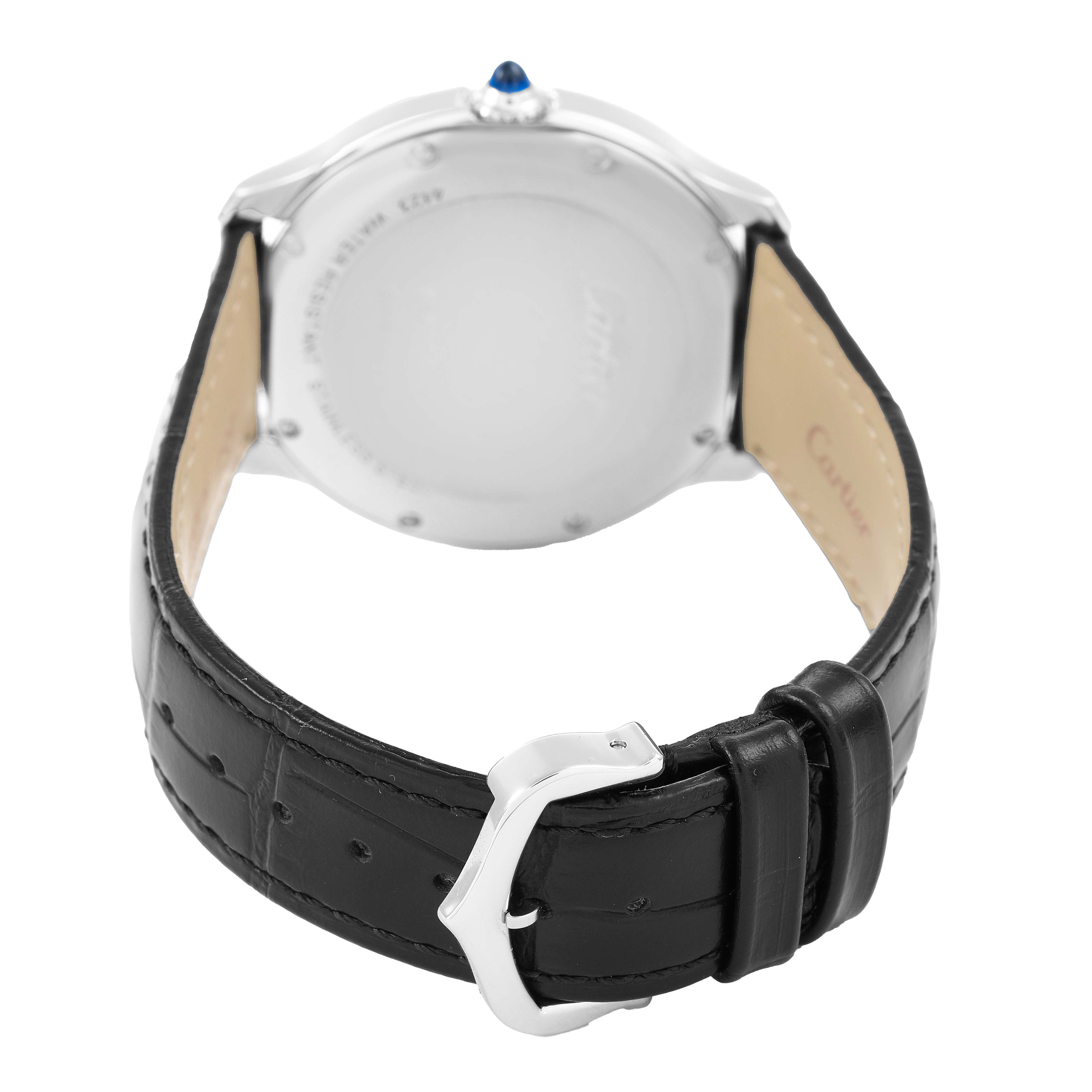 The image shows the back of a Cartier Ronde WSRN0031 Men's Stainless Steel Silver Dial watch, featuring the strap and buckle in focus.