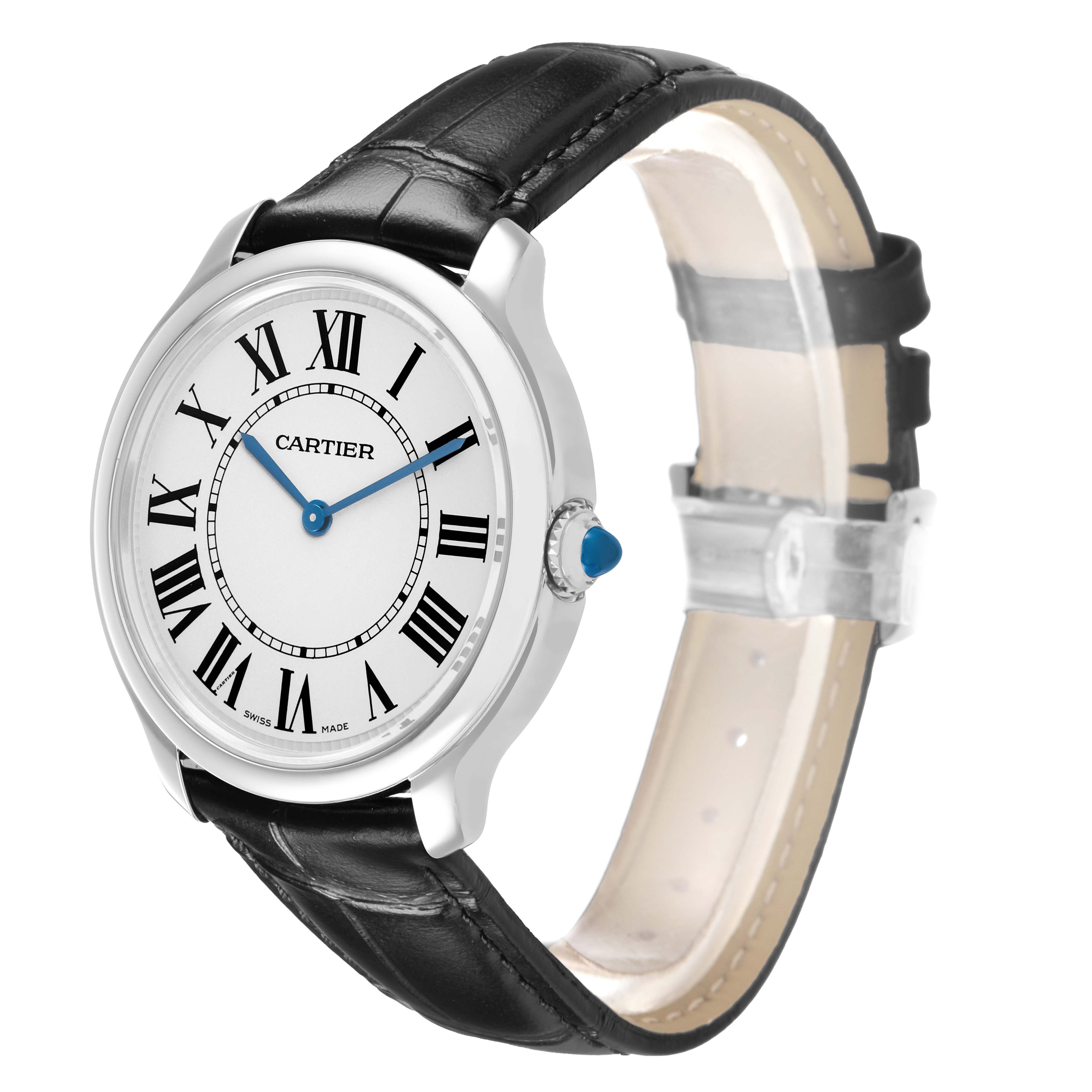 The Ronde model by Cartier is shown at a three-quarter angle, highlighting the face, bezel, and black leather strap.