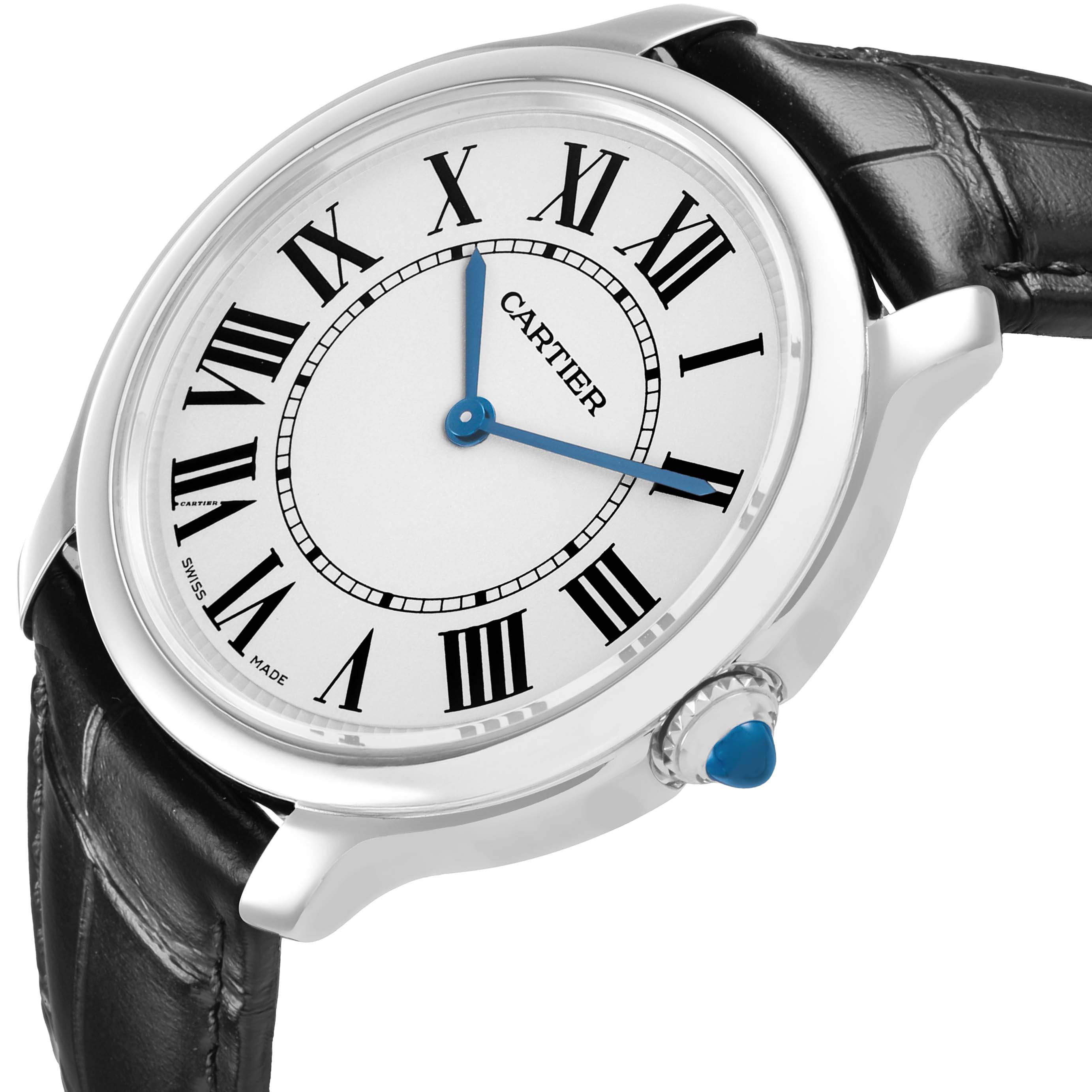 The Cartier Ronde WSRN0031 Men's Stainless Steel Silver Dial watch is shown from a side angle, highlighting the face, Roman numerals, and crown with a blue cabochon.