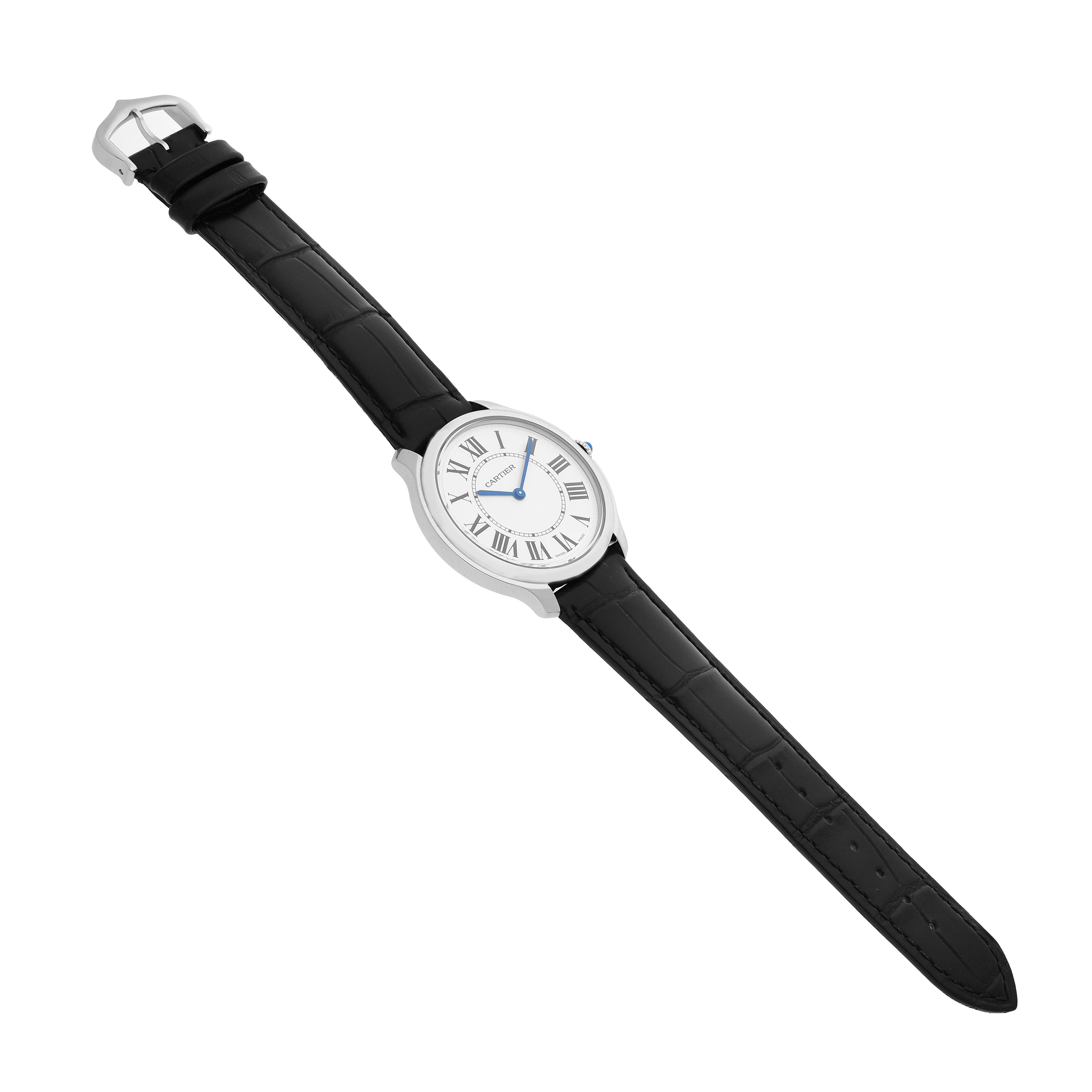 The Cartier Ronde WSRN0031 Men's Stainless Steel Silver Dial watch is shown at a three-quarter angle, featuring its round case, black leather strap, and Roman numerals on the dial.