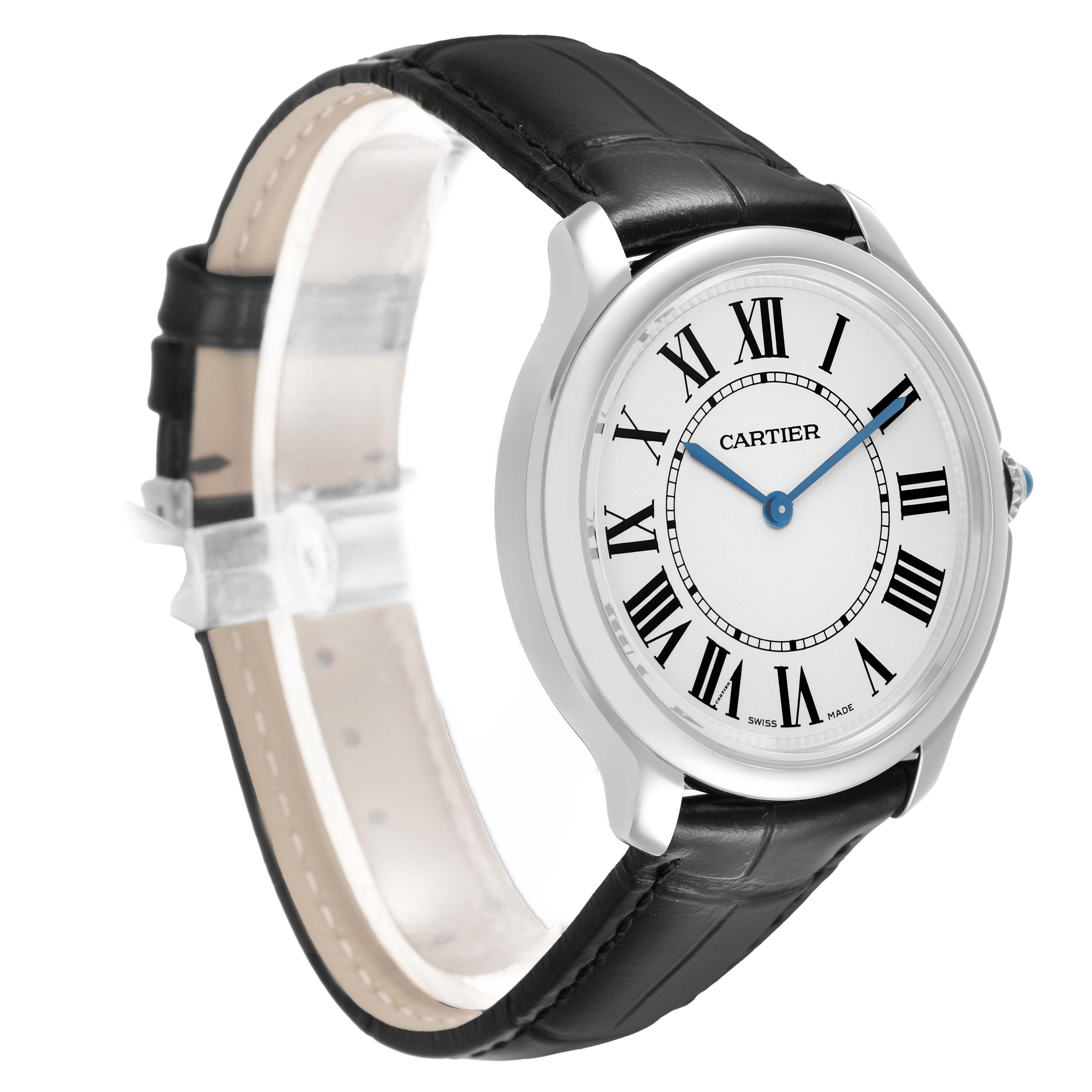 The Cartier Ronde WSRN0031 Men's Stainless Steel Silver Dial watch is shown at a three-quarter angle, highlighting the dial, case, and leather strap.