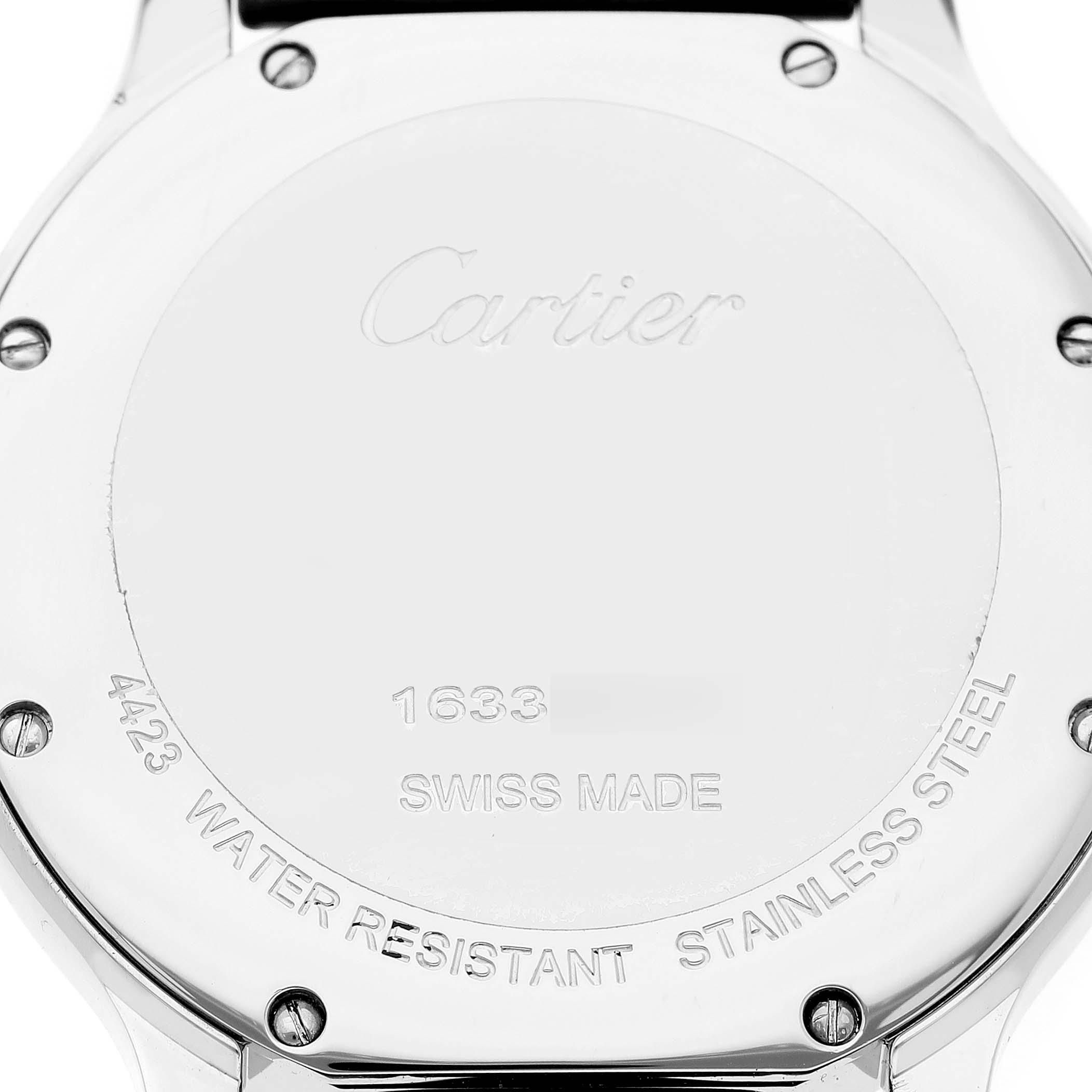 The image shows the back case of the Cartier Ronde WSRN0031 Men's Stainless Steel Silver Dial watch, highlighting the engravings and screws.