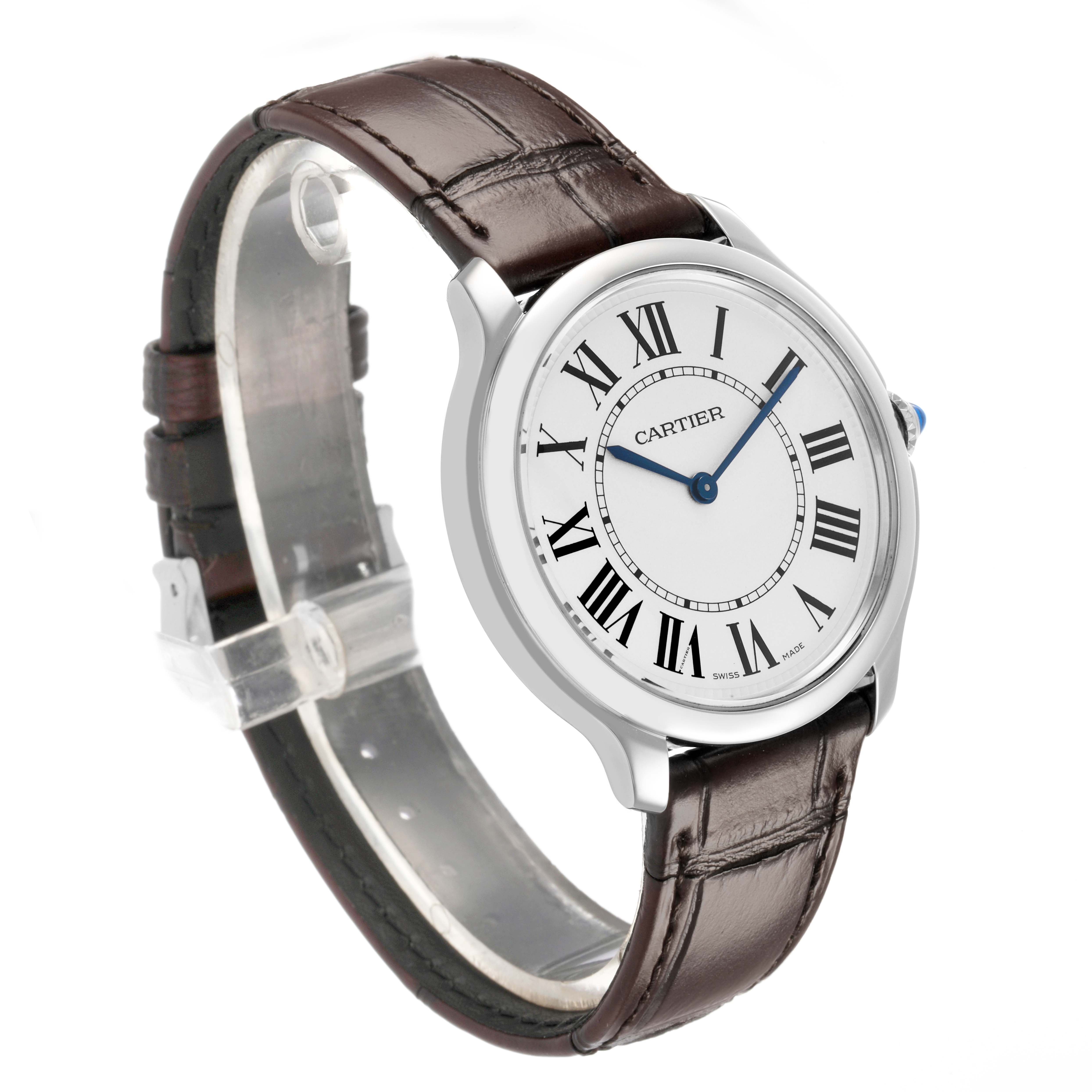 The Ronde model by Cartier is shown at a slight angle, displaying its round silver case, Roman numerals, and leather strap.
