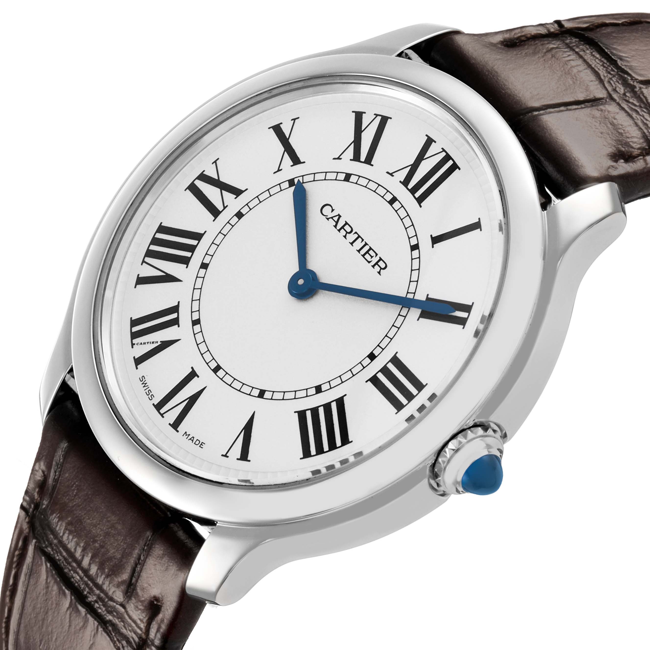 The Cartier Ronde WSRN0031 Men's Stainless Steel Silver Dial watch is shown at an angled view, highlighting the dial, Roman numerals, blue hands, and brown leather strap.
