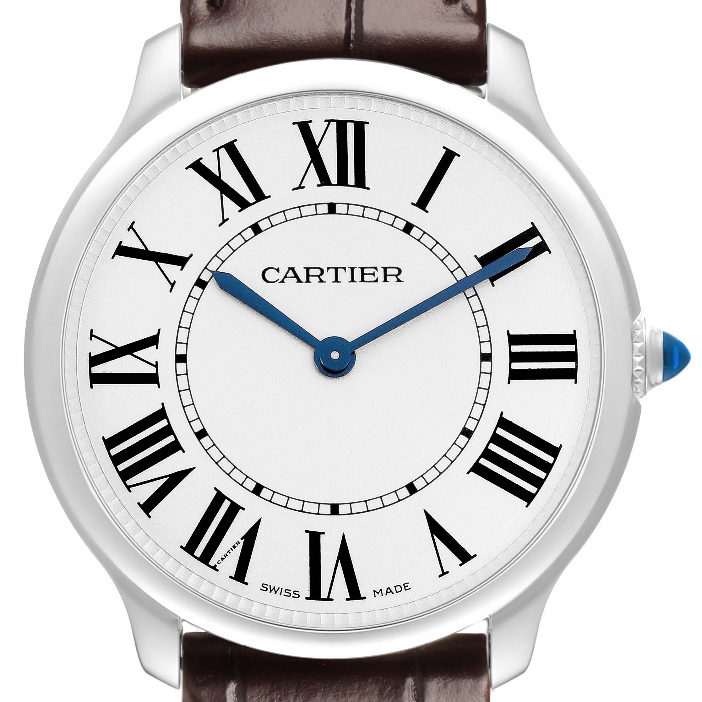 The Cartier Ronde WSRN0031 Men's Stainless Steel Silver Dial watch is shown from the front, highlighting the dial, Roman numerals, blue hands, and crown with a blue cabochon.