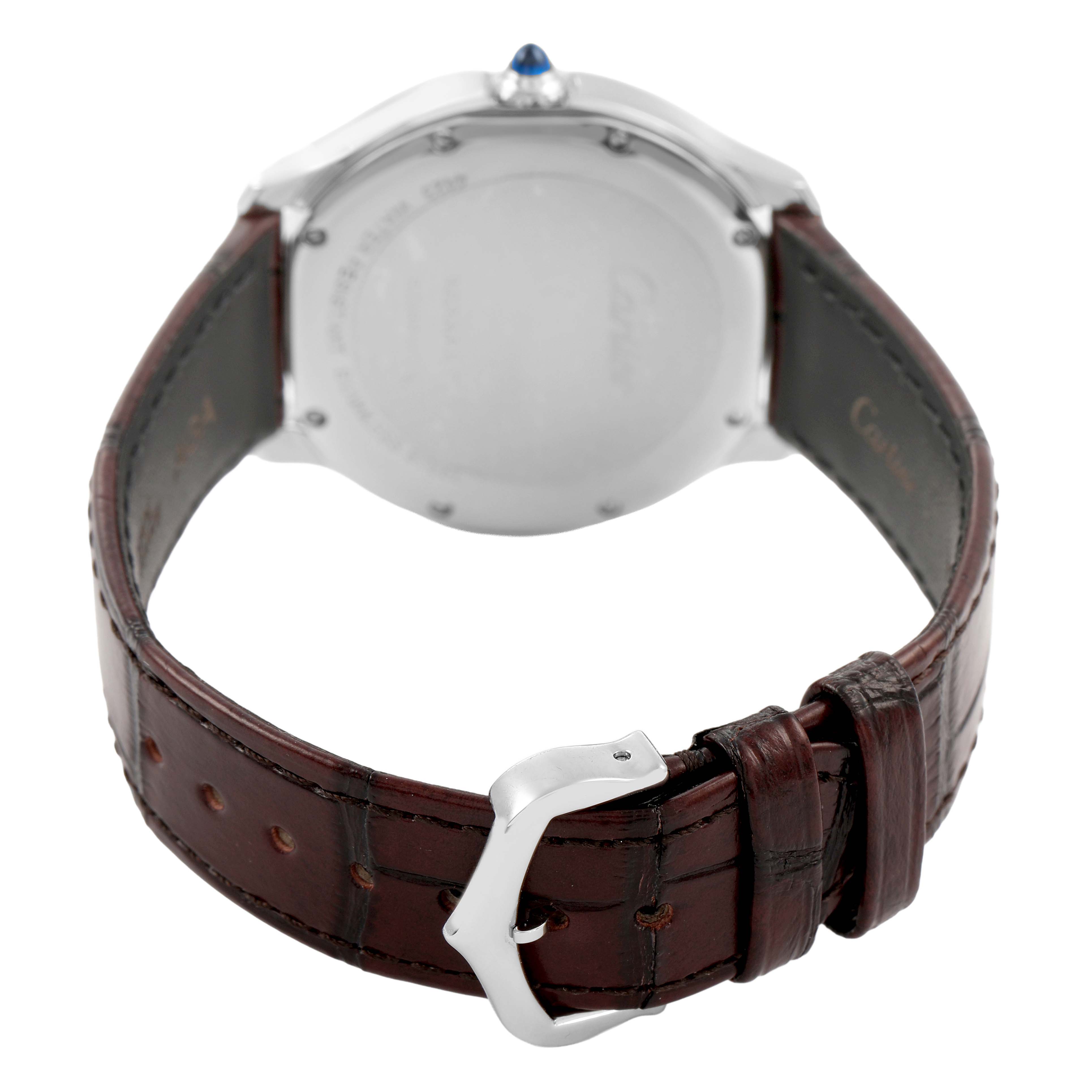 The image shows the back view of a Cartier Ronde WSRN0031 Men's Stainless Steel Silver Dial watch, highlighting the case back and brown leather strap.
