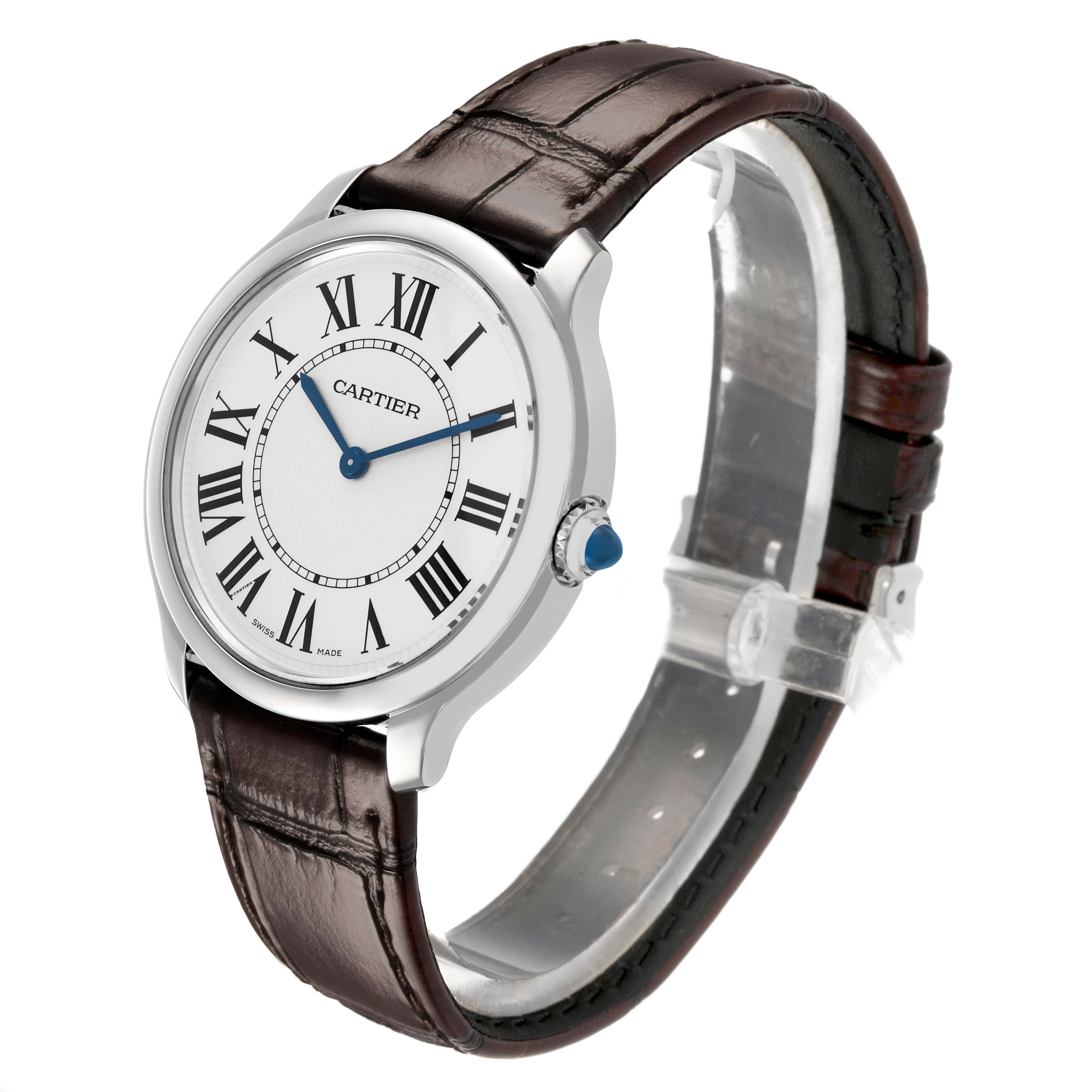 The Cartier Ronde WSRN0031 Men's Stainless Steel Silver Dial watch is shown at a slight angle highlighting the face, Roman numerals, case, and brown leather strap.