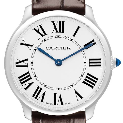 The Cartier Ronde WSRN0031 Men's Stainless Steel Silver Dial watch is shown from a frontal angle, highlighting its dial, Roman numerals, blue hands, and brown leather strap.