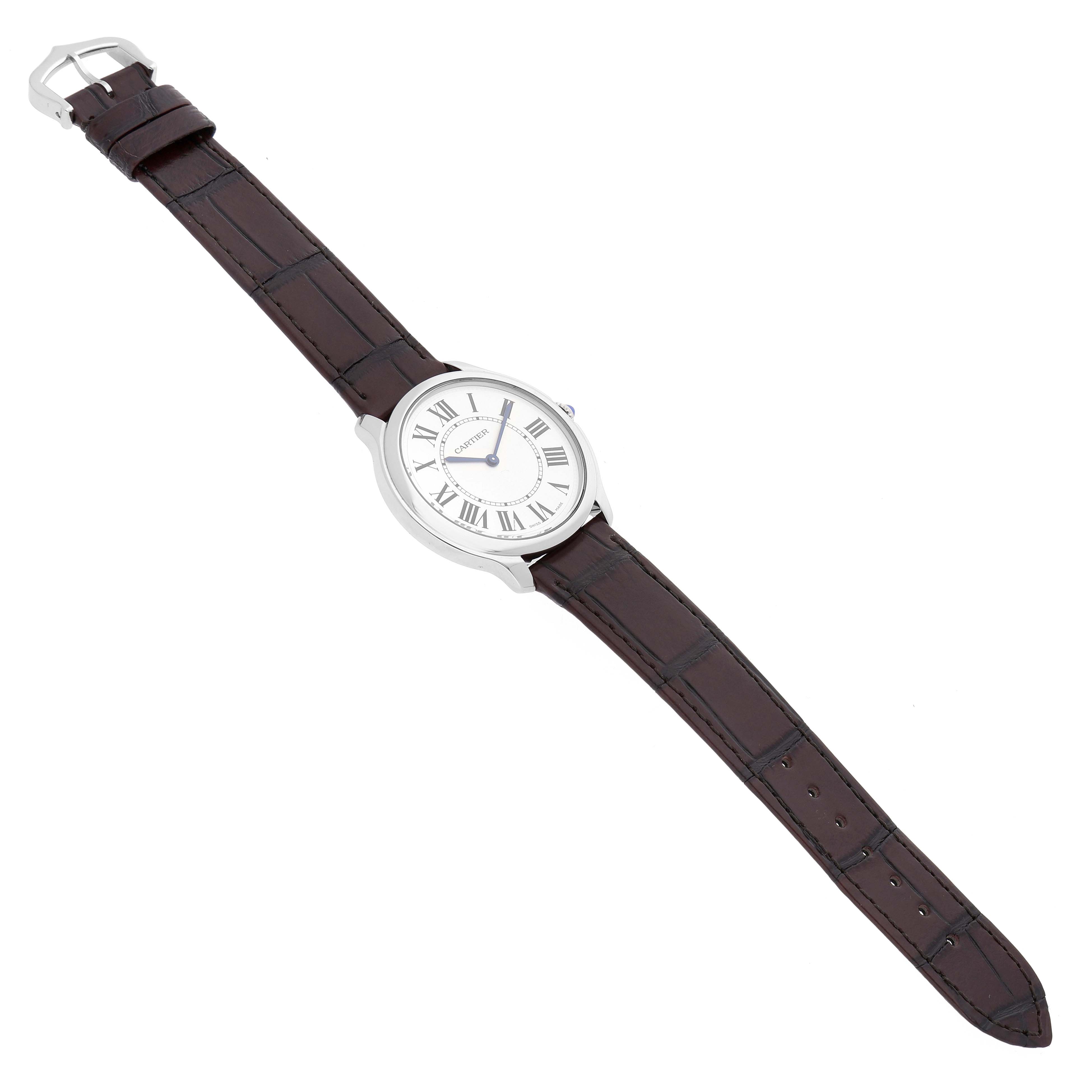 The Cartier Ronde WSRN0031 Men's Stainless Steel Silver Dial watch is shown at an angled top view, featuring its round face, Roman numerals, and leather strap.