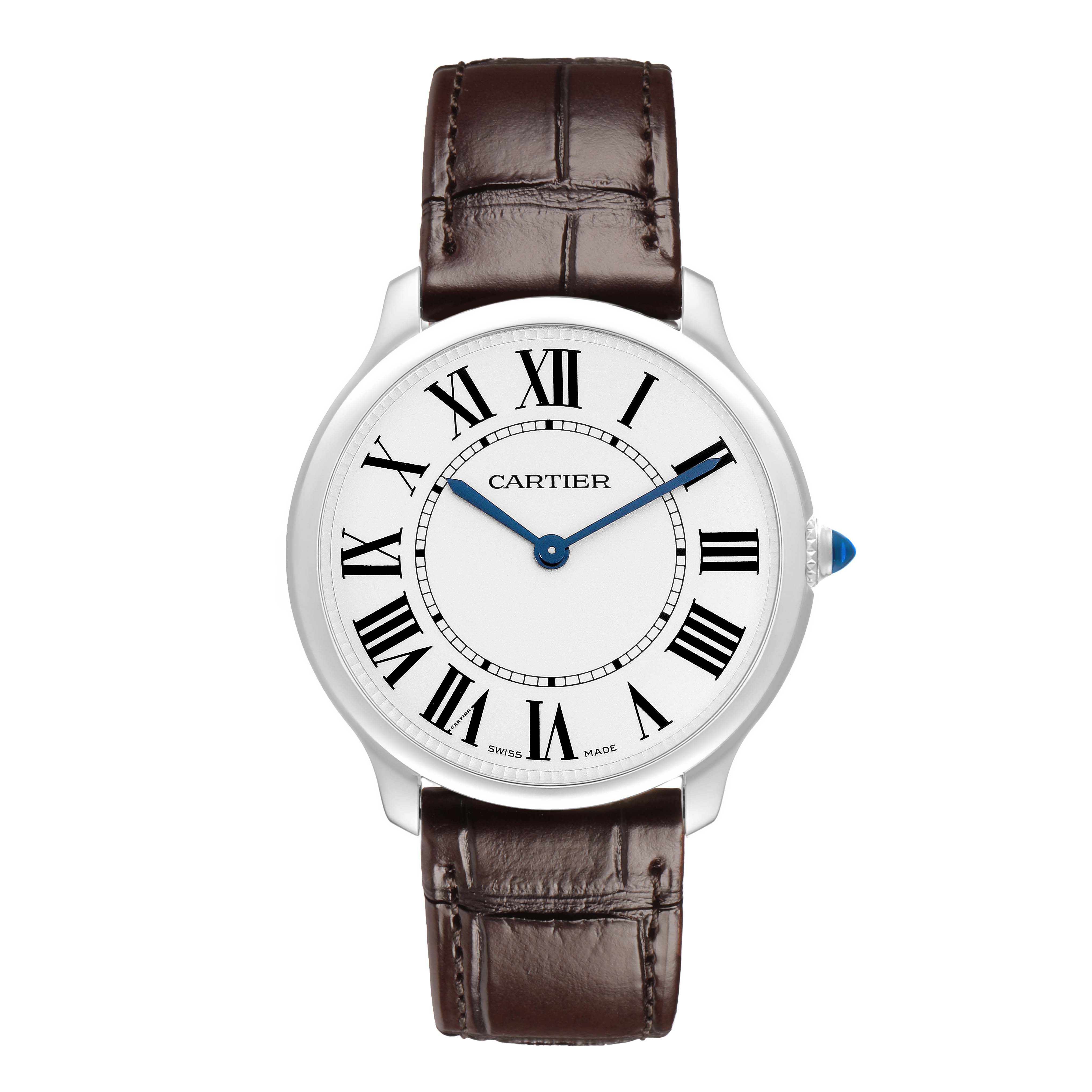 The Cartier Ronde WSRN0031 Men's Stainless Steel Silver Dial watch is shown from a front angle, displaying the dial, hands, and leather strap.