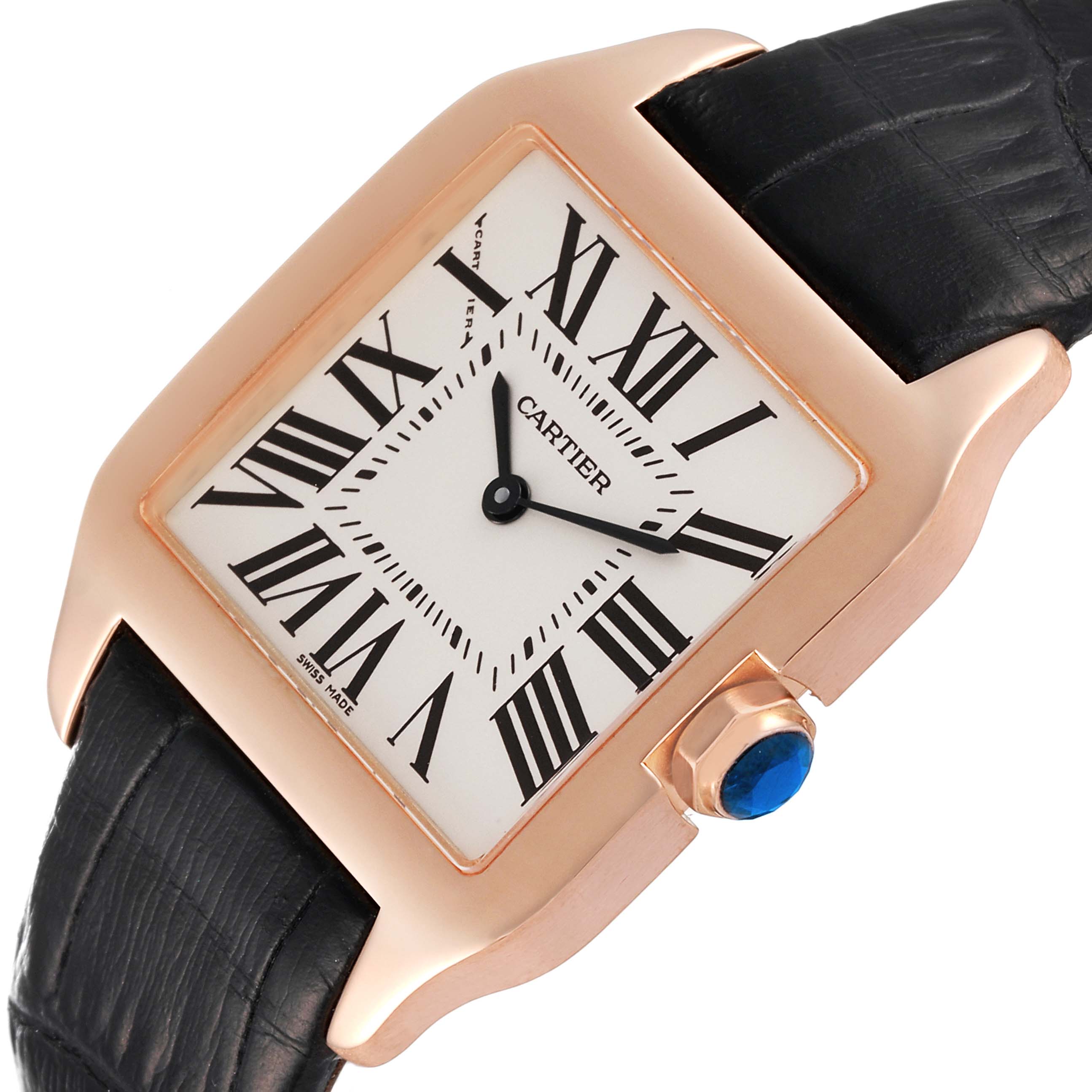 This image shows a close-up, angled view of the Cartier Santos Dumont W2009251 Men's Rose Gold Silver Dial W2009251 Men's Rose Gold Silver Dial watch face and part of the black leather strap.