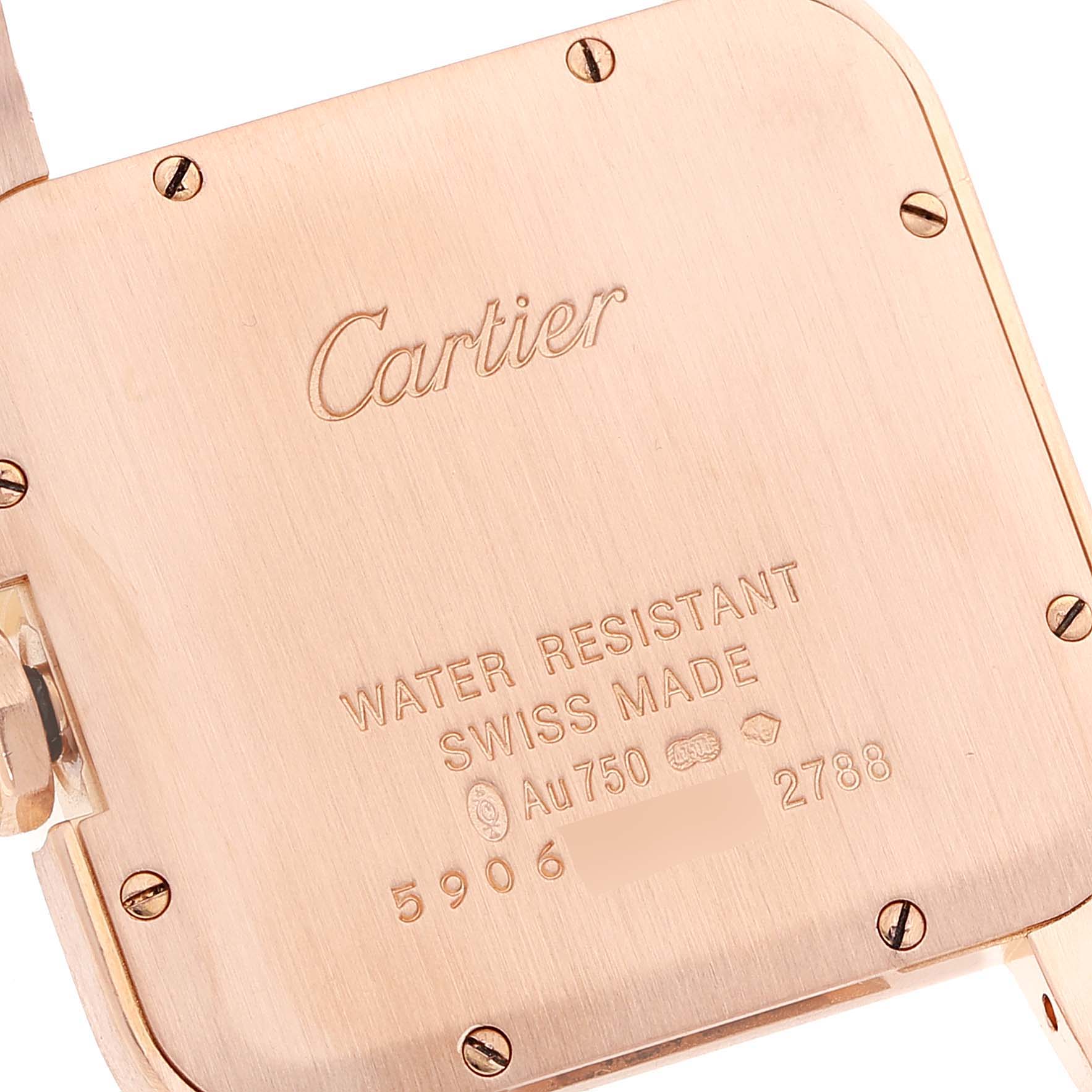 The image shows the back case of a Santos Dumont model by Cartier, emphasizing its engravings and screws.