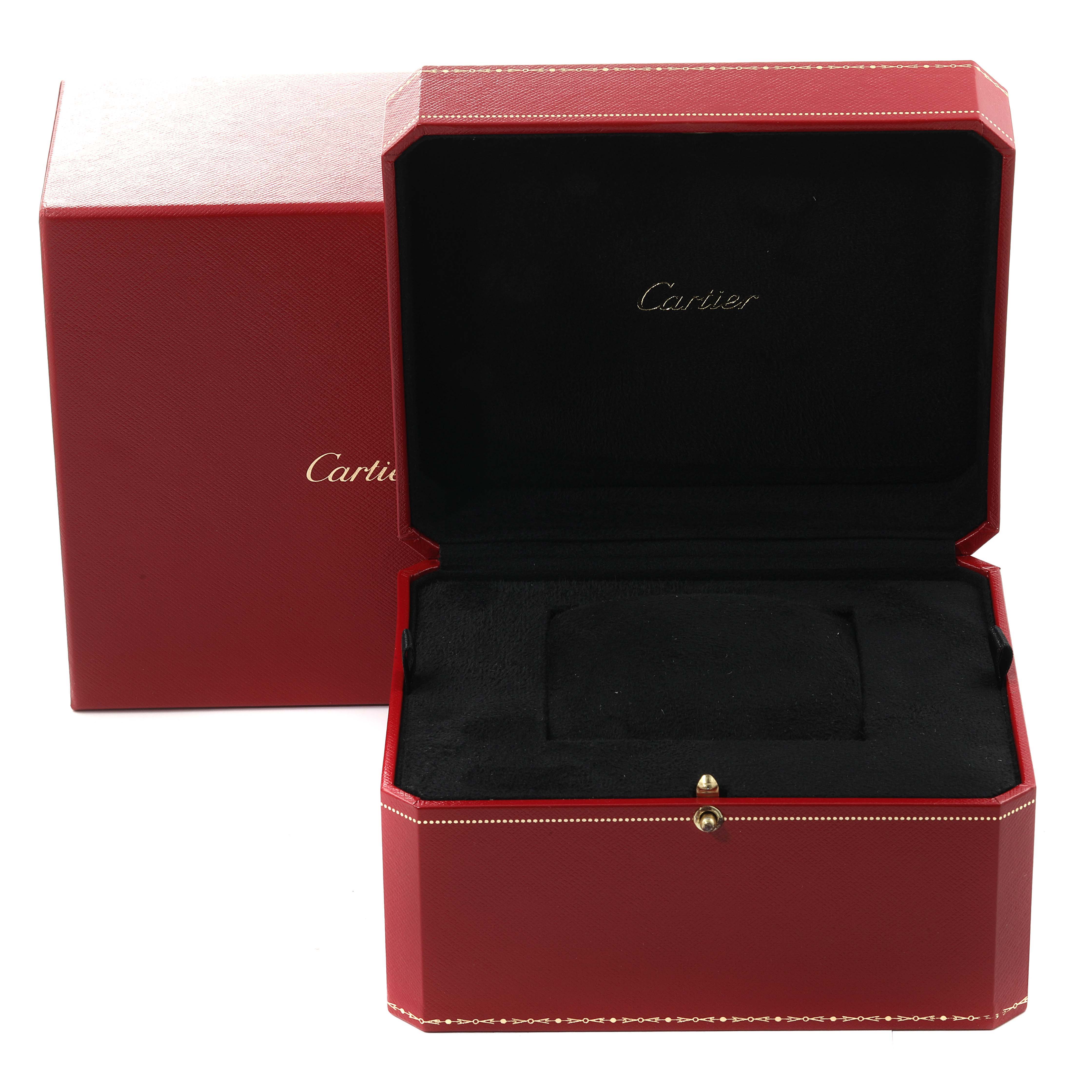This image shows the open and closed red Cartier box for the Santos Dumont model watch, lined with black interior.