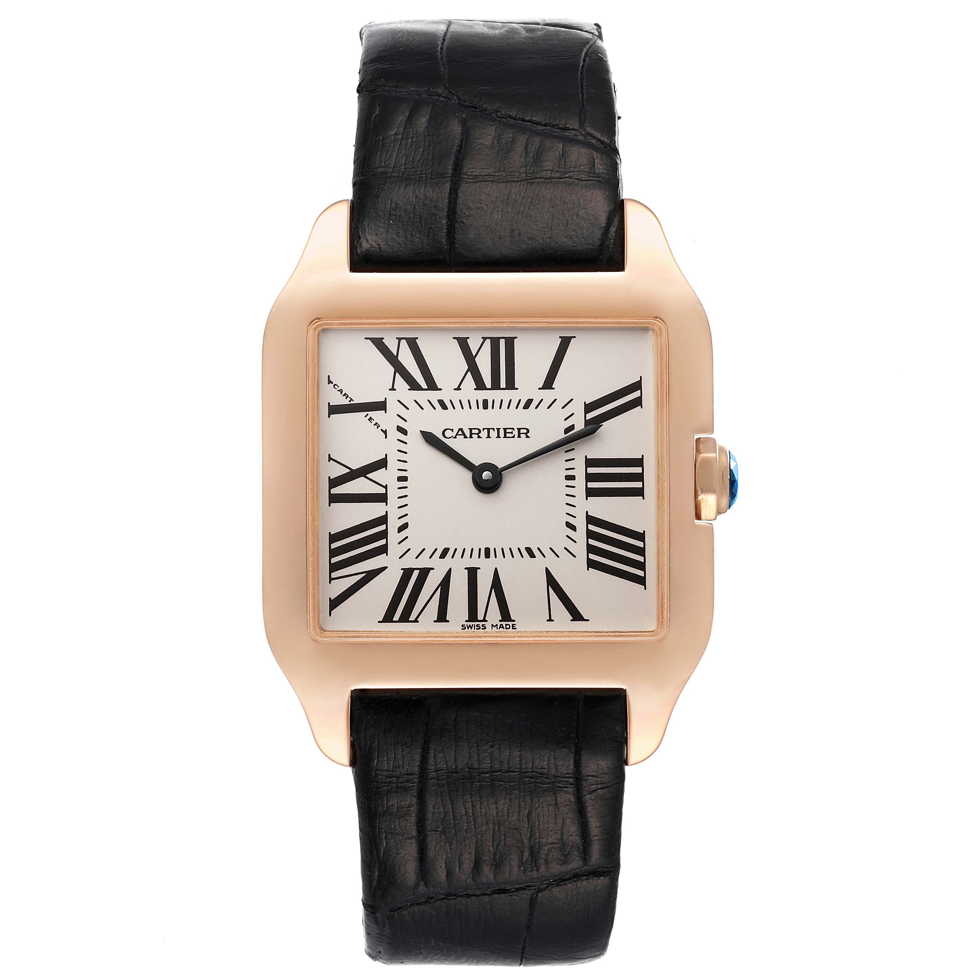 This image shows a front view of the Cartier Santos Dumont W2009251 Men's Rose Gold Silver Dial W2009251 Men's Rose Gold Silver Dial watch, displaying its face, bezel, crown, and leather strap.