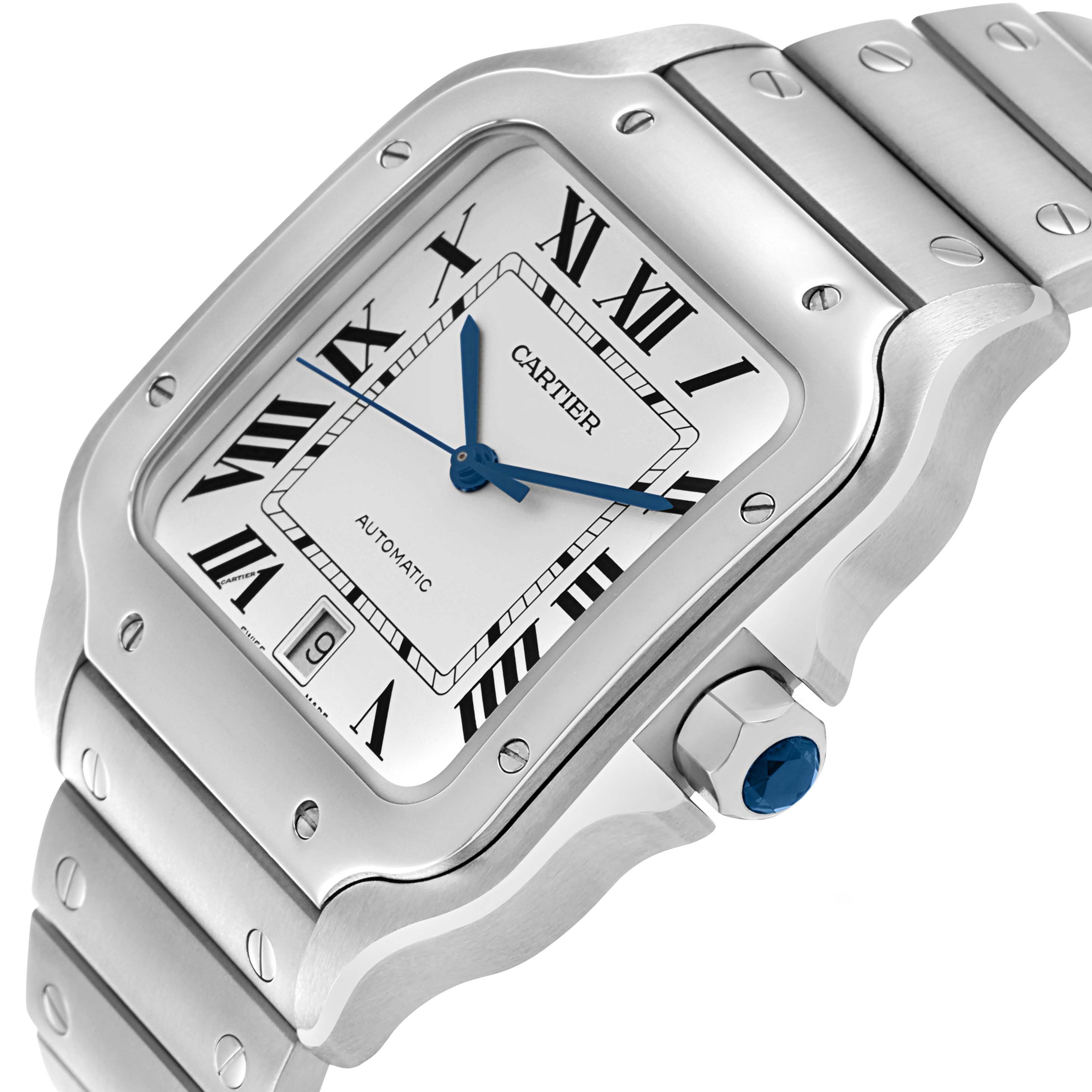 The Cartier Santos WSSA0018 Men's Stainless Steel Silver Dial watch is shown from a three-quarter angle, highlighting its round crown, bezel screws, and metal bracelet.