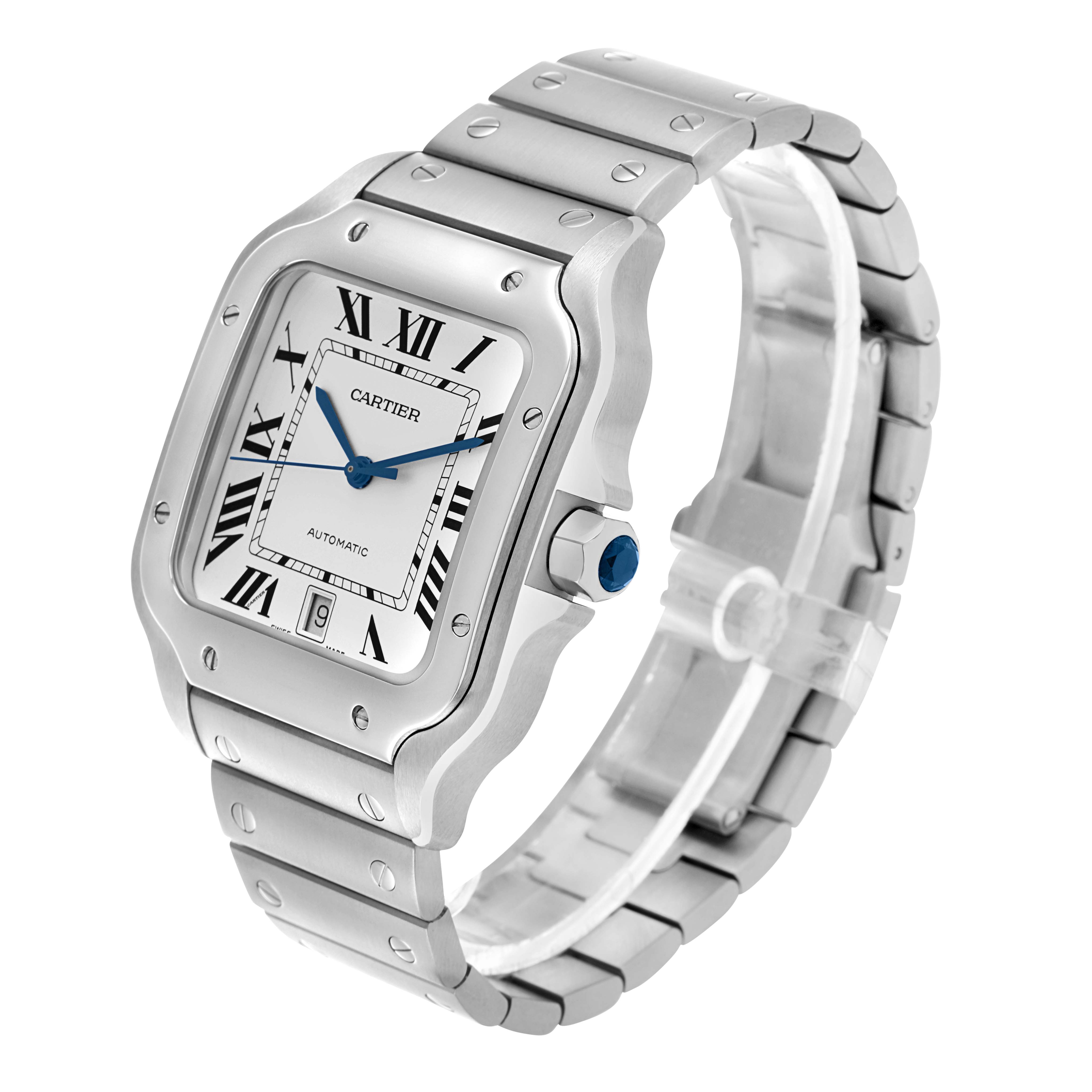 The Cartier Santos WSSA0018 Men's Stainless Steel Silver Dial watch is shown at a three-quarter angle, highlighting its face, bezel, and bracelet.