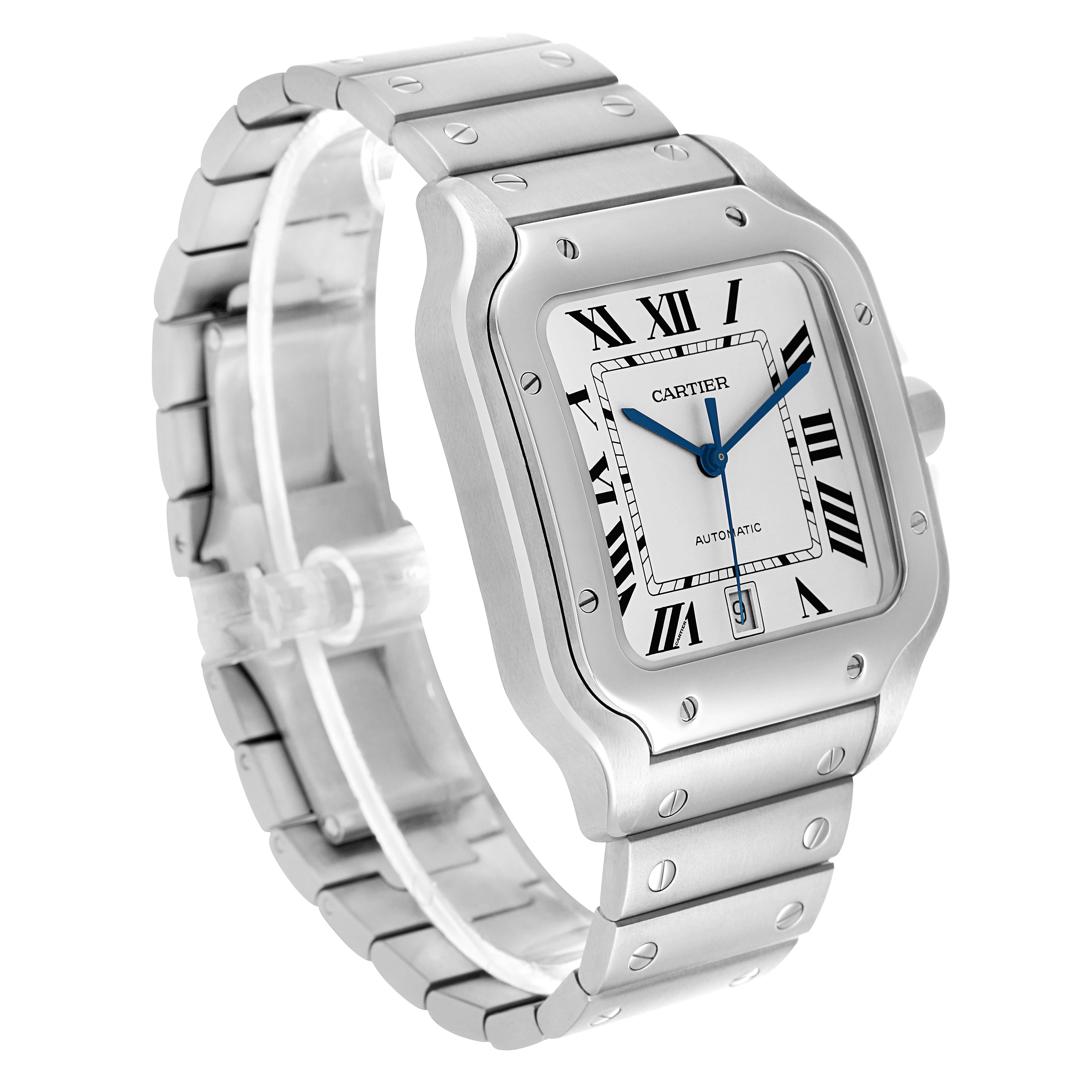 The Cartier Santos WSSA0018 Men's Stainless Steel Silver Dial watch is shown at an oblique angle, highlighting its square face, Roman numerals, and metal bracelet.