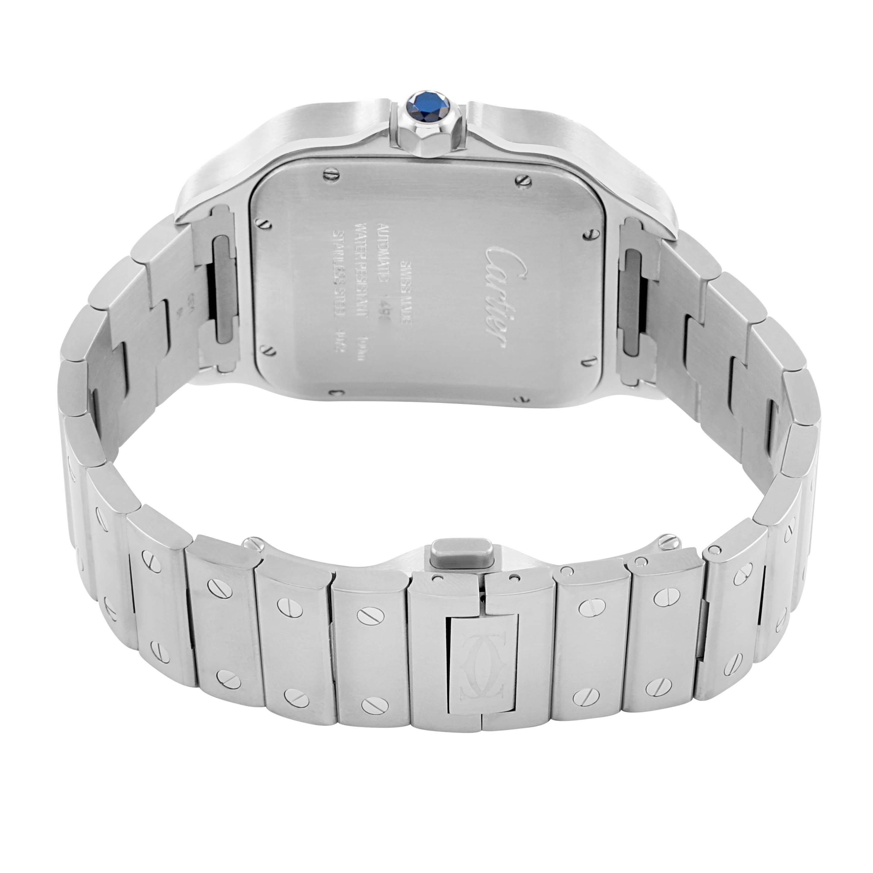 The image shows the back of a Cartier Santos WSSA0018 Men's Stainless Steel Silver Dial watch, highlighting its metal bracelet and clasp, along with the back case detailing.