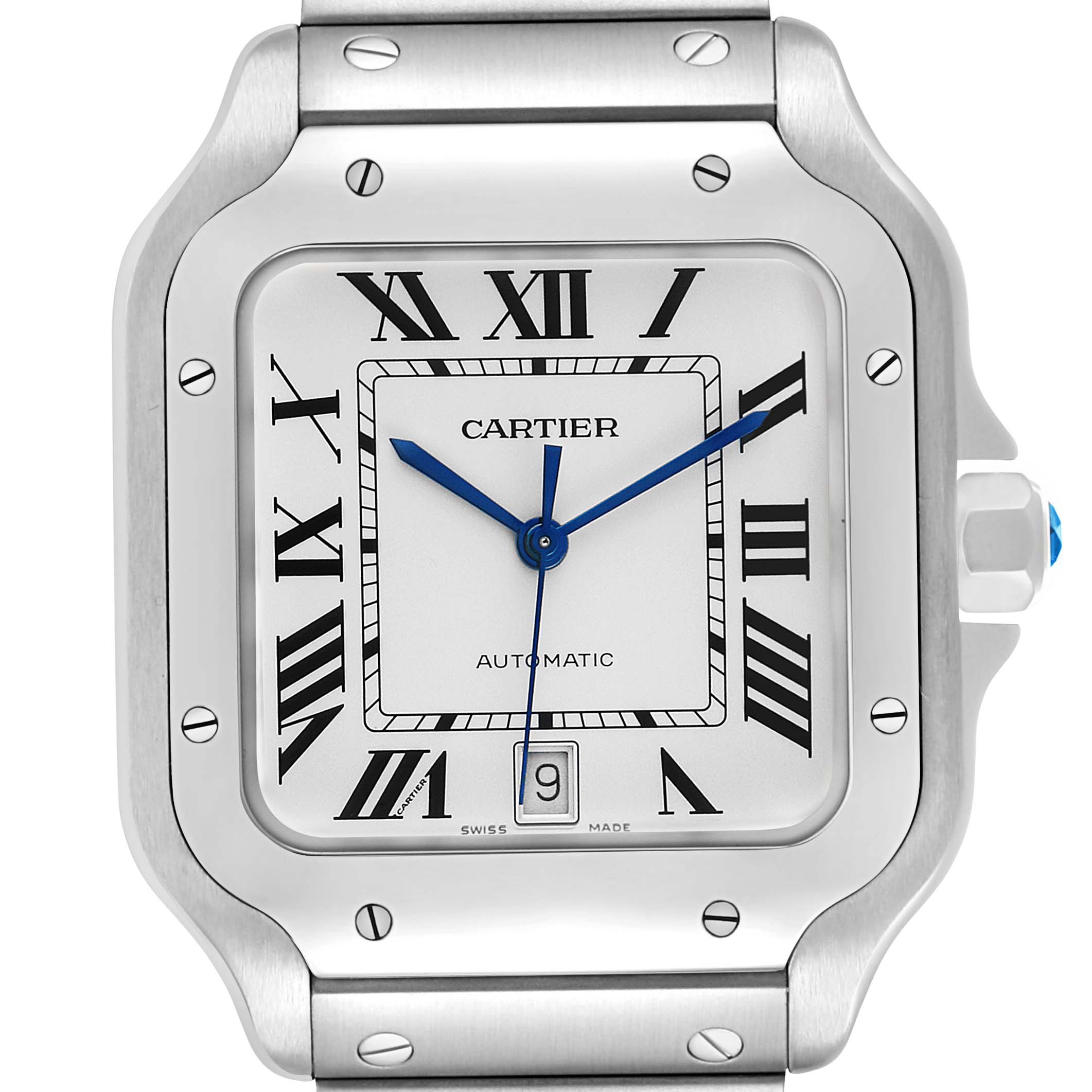 The Cartier Santos WSSA0018 Men's Stainless Steel Silver Dial watch is shown from a front angle, highlighting the face, bezel, and part of the bracelet.