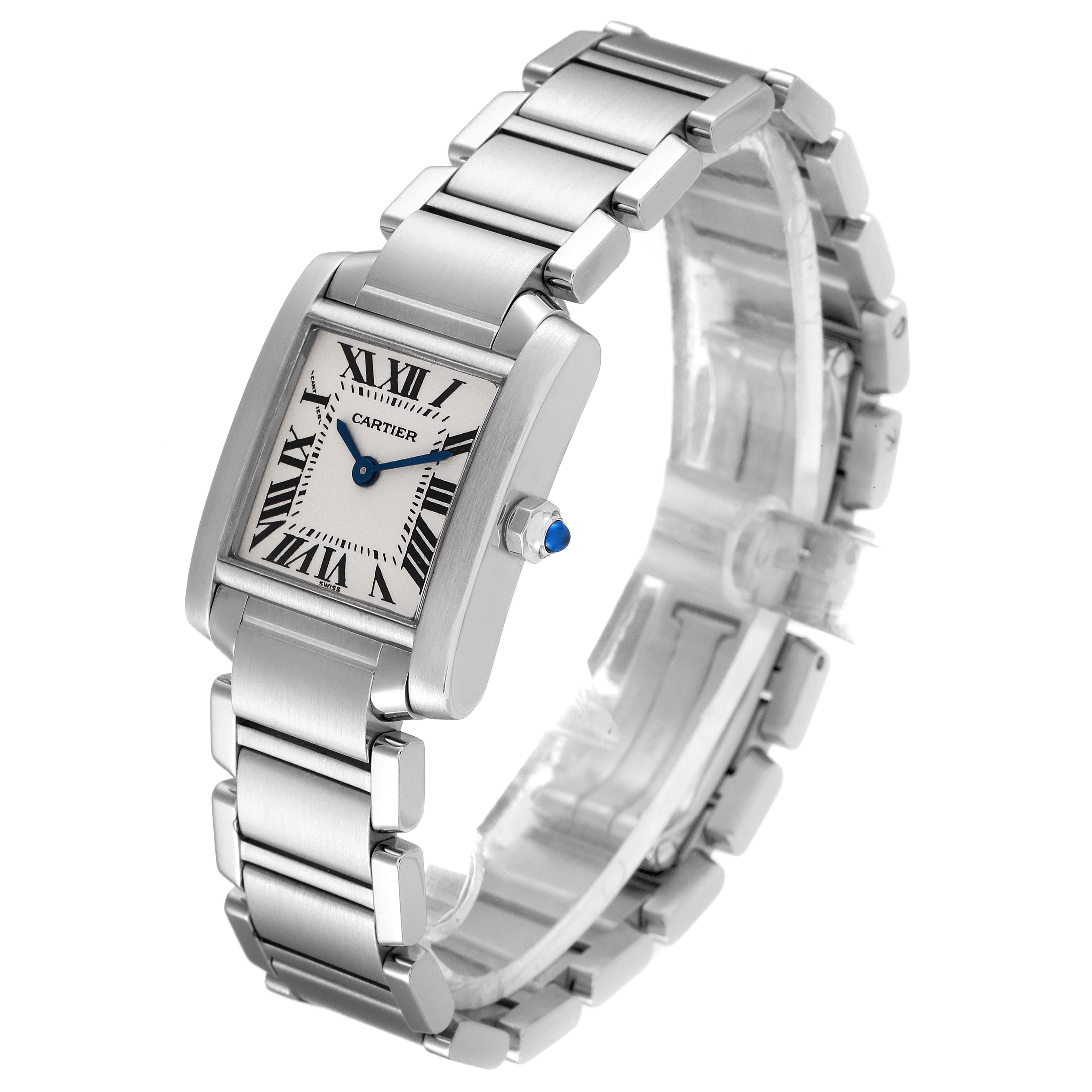 This image shows a Cartier Tank Francaise W51008Q3 Women's Stainless Steel Silver Dial W51008Q3 Women's Stainless Steel Silver Dial watch at an angle highlighting its face, bracelet, and crown.