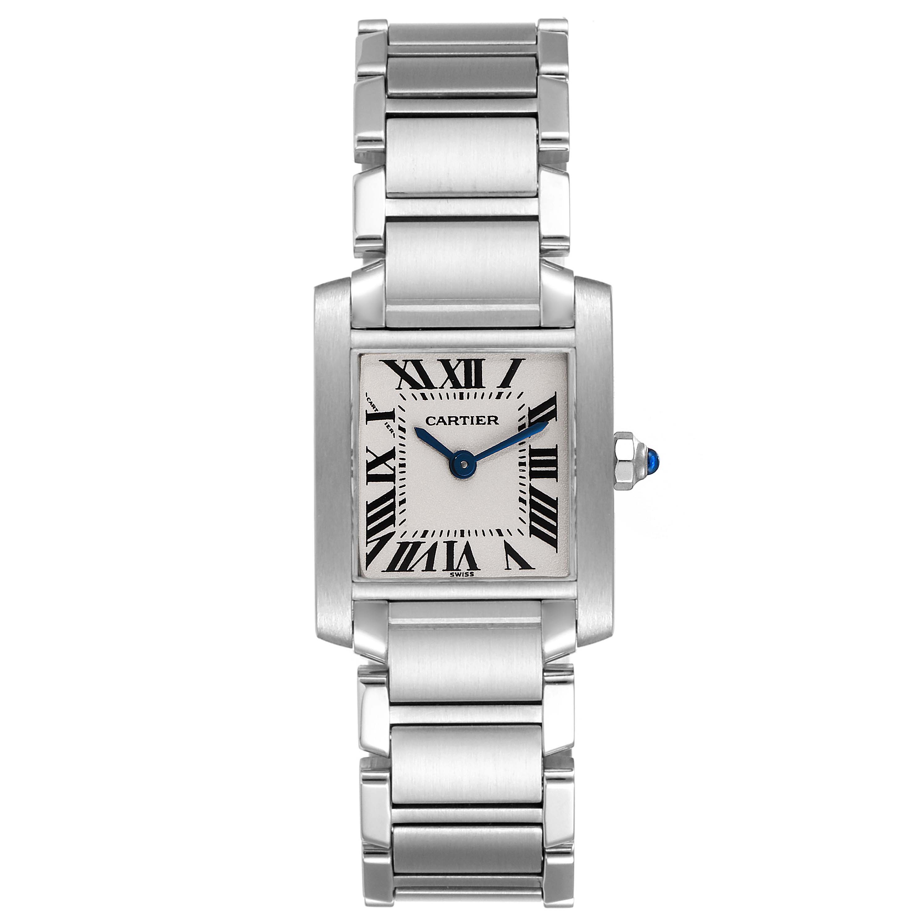 The image shows a Tank Française watch by Cartier from a top-down angle, displaying the face, bracelet, and crown.