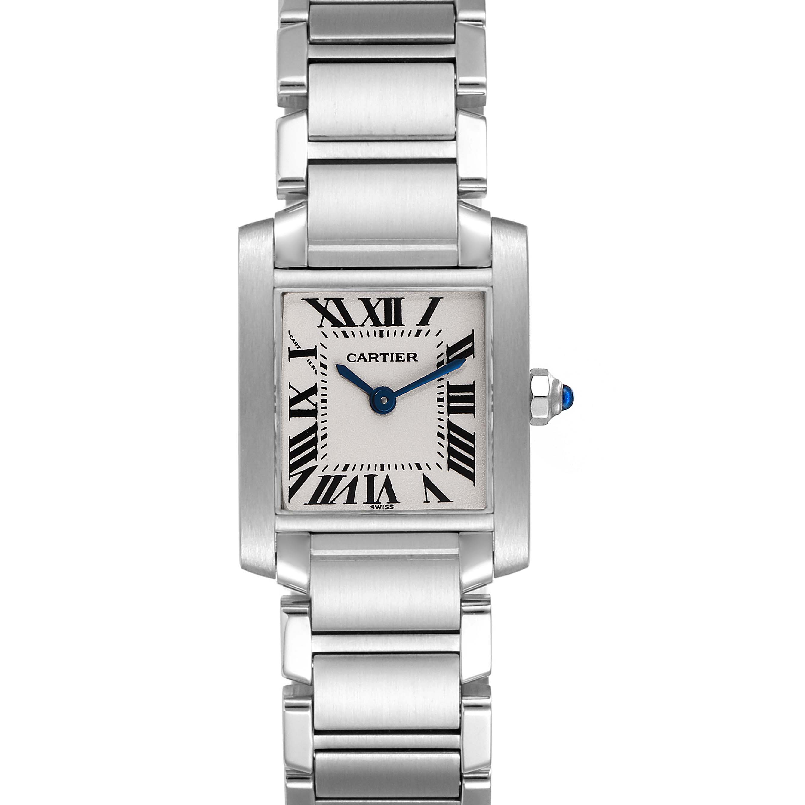 The image shows a frontal view of the Cartier Tank Francaise W51008Q3 Women's Stainless Steel Silver Dial W51008Q3 Women's Stainless Steel Silver Dial watch, highlighting its dial, bracelet, and crown.
