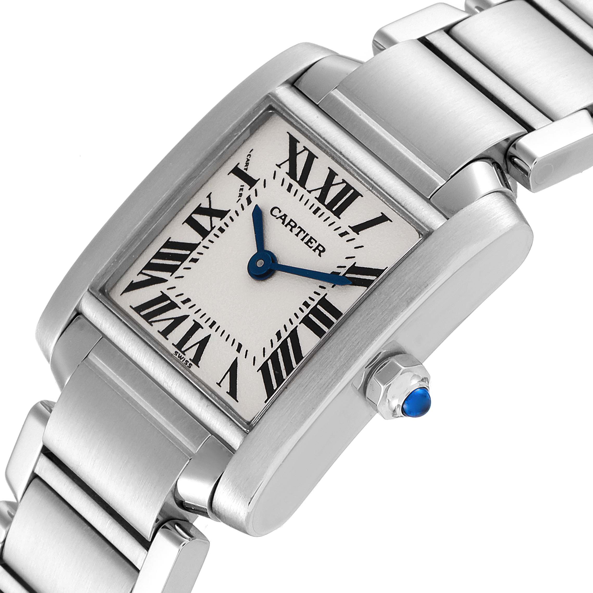 This image shows a close-up angled view of the Cartier Tank Francaise W51008Q3 Women's Stainless Steel Silver Dial W51008Q3 Women's Stainless Steel Silver Dial watch, highlighting its face, bracelet, and crown.