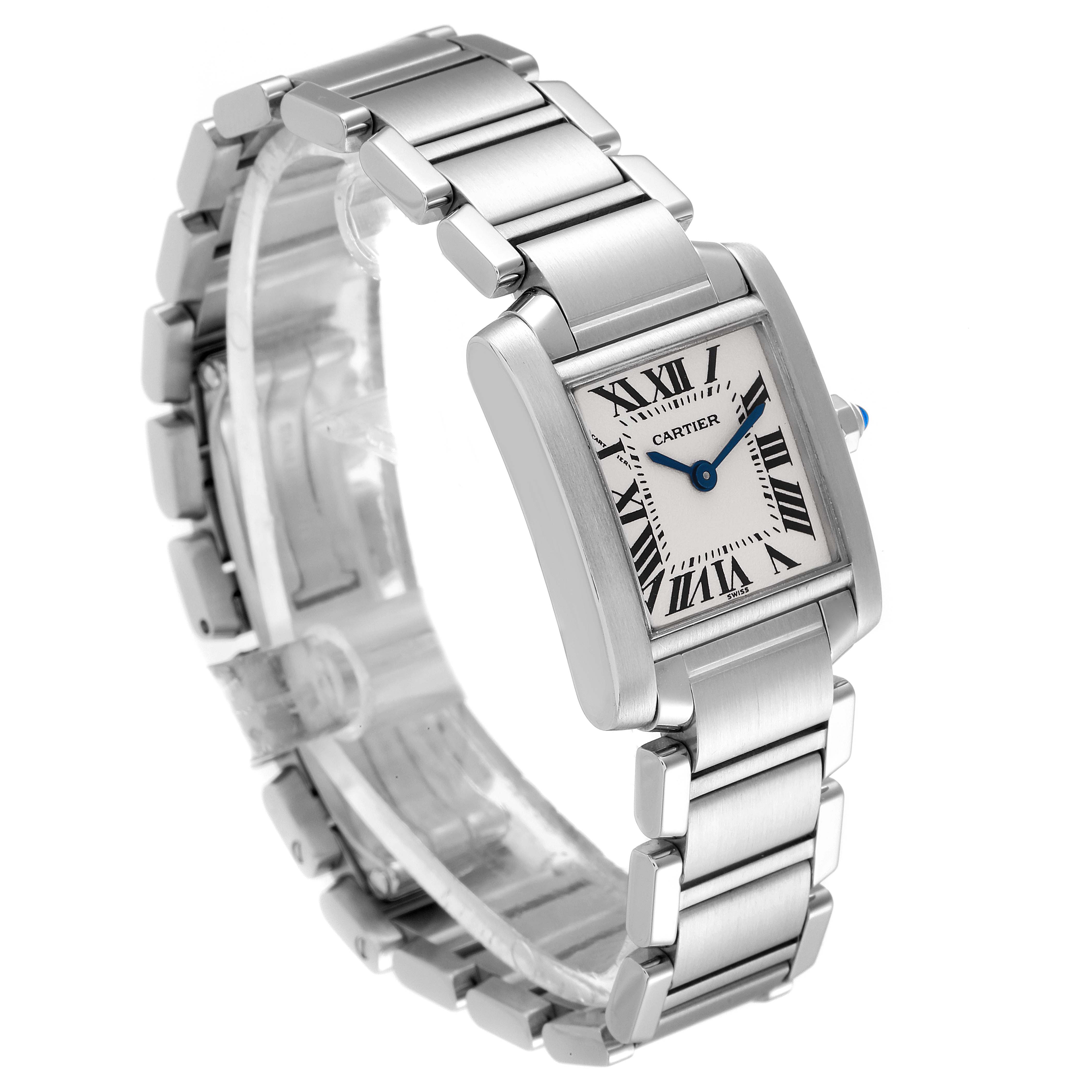 The Cartier Tank Francaise W51008Q3 Women's Stainless Steel Silver Dial W51008Q3 Women's Stainless Steel Silver Dial watch is shown at a slight angle, displaying its rectangular face, Roman numeral dial, and stainless steel bracelet.