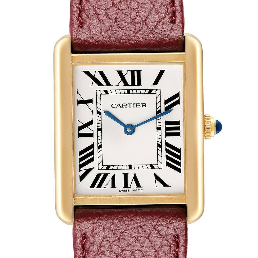 The image shows a frontal view of a Cartier Tank Solo W5200004 Men's Steel and Gold (two tone) Silver Dial watch, highlighting the face, Roman numerals, gold casing, and burgundy leather strap.