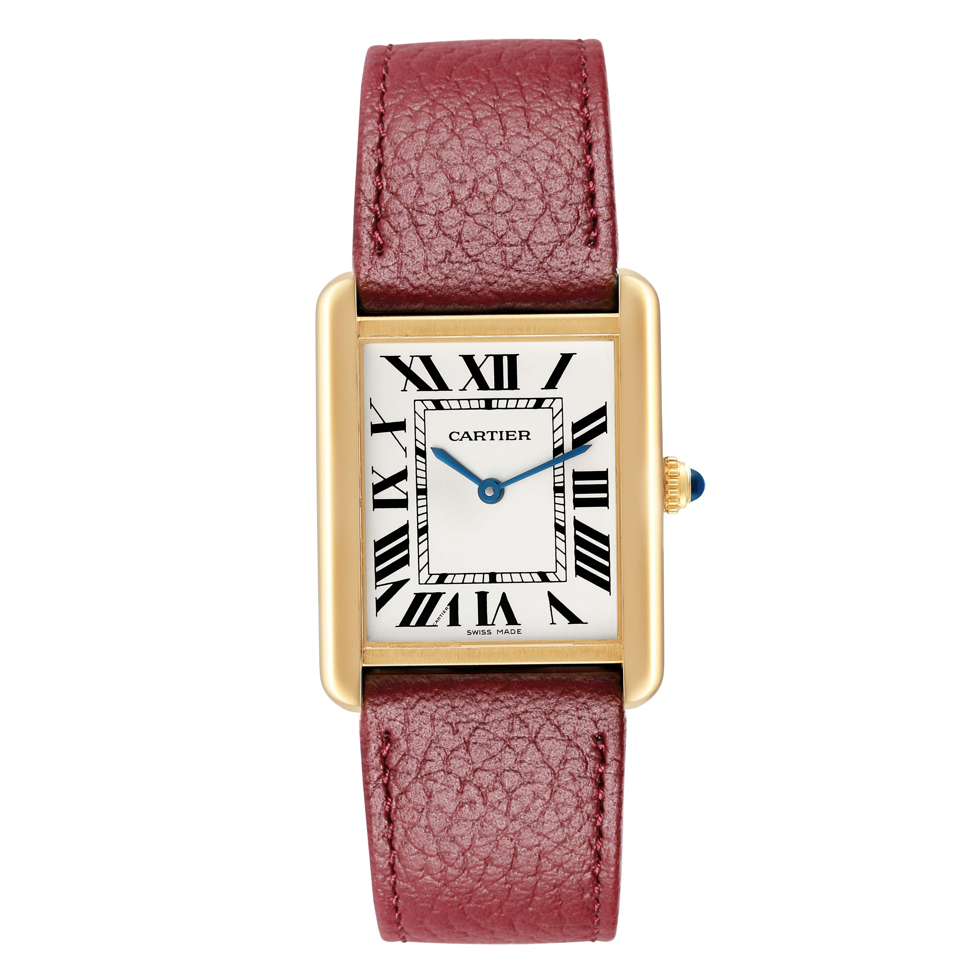 The Cartier Tank Solo W5200004 Men's Steel and Gold (two tone) Silver Dial watch is shown from a top-down angle, revealing its face, case, strap, and crown with a blue cabochon.
