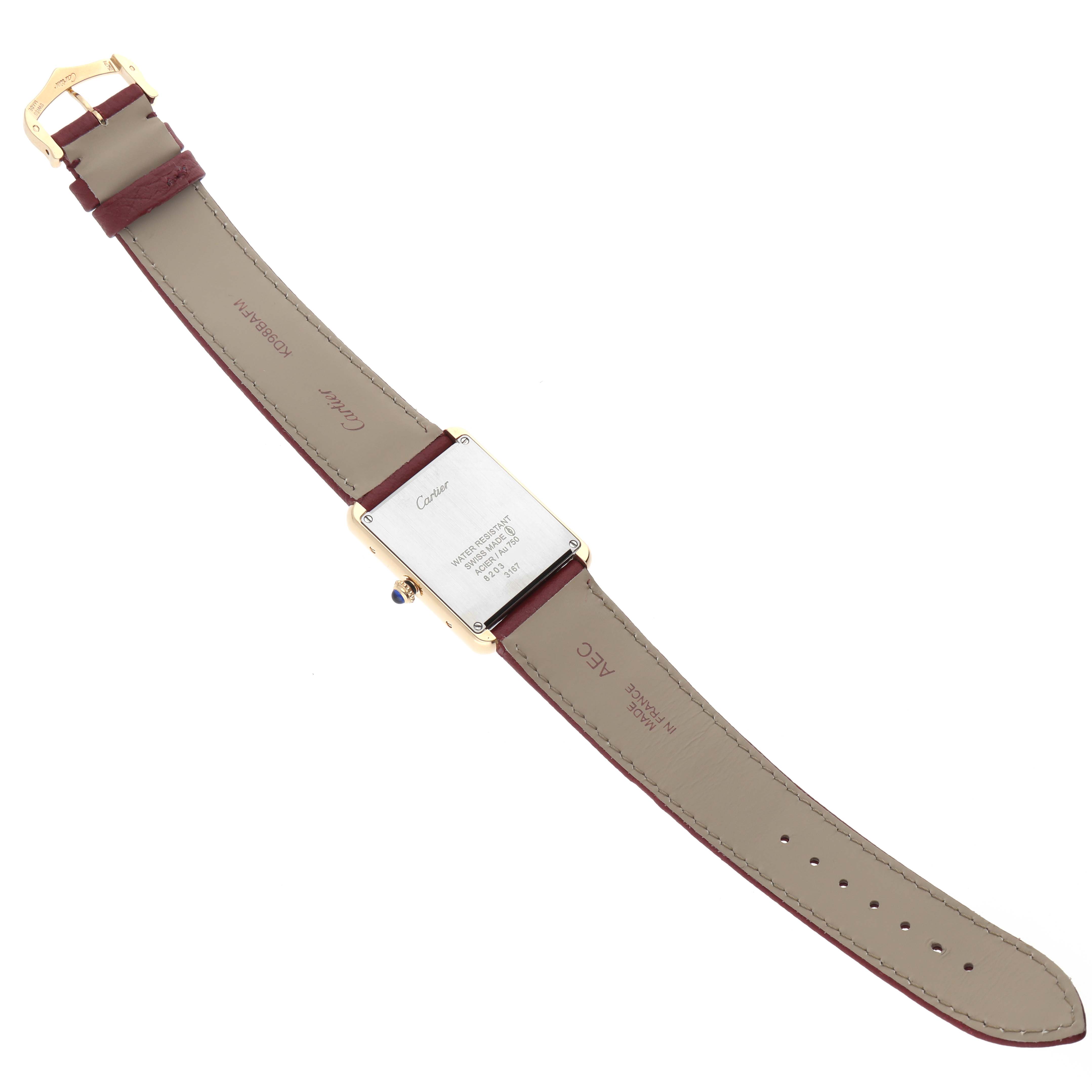 The Cartier Tank Solo W5200004 Men's Steel and Gold (two tone) Silver Dial is shown from the back, displaying the strap, buckle, case back, and crown.