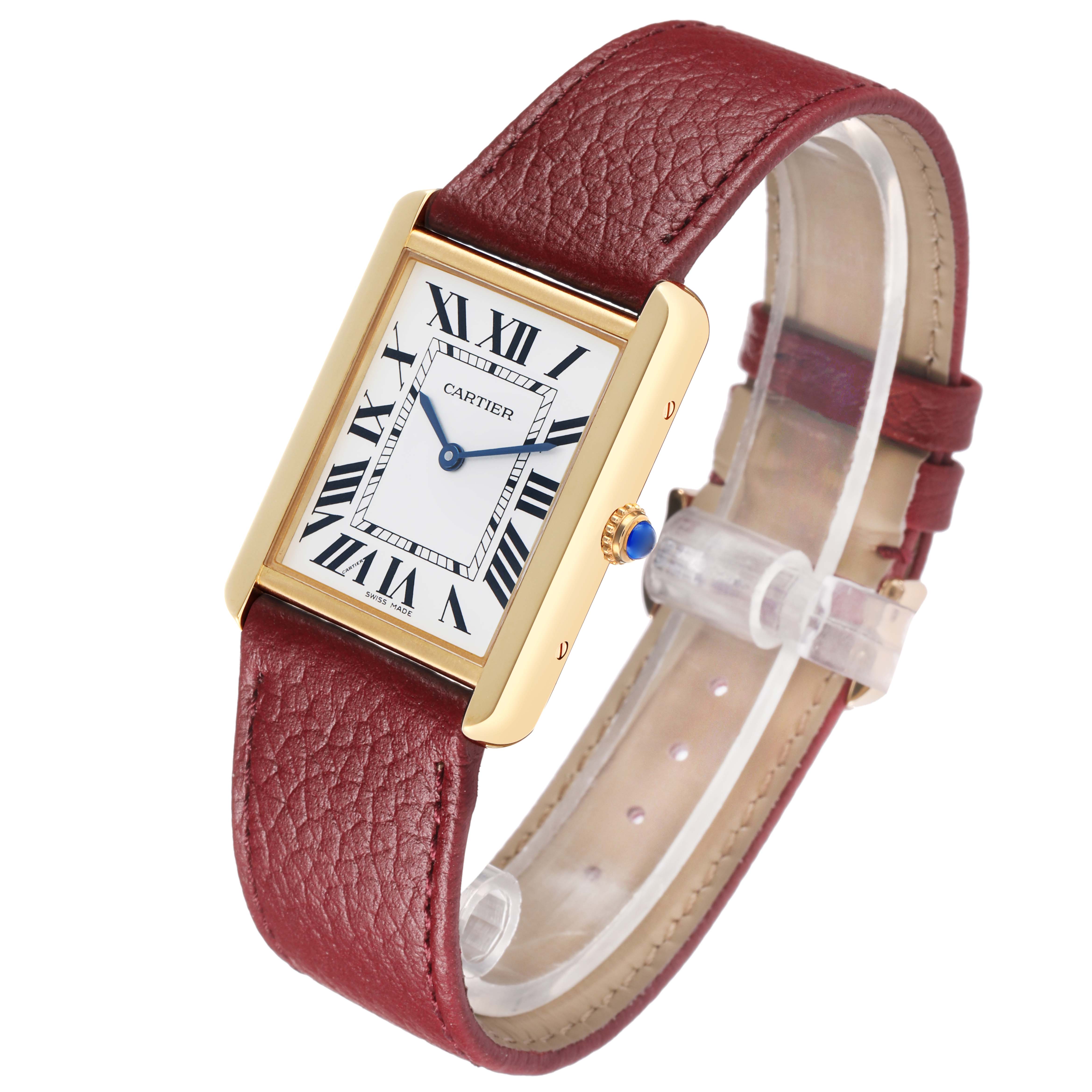 The Cartier Tank Solo W5200004 Men's Steel and Gold (two tone) Silver Dial watch is angled to show its face, crown, and red leather strap.