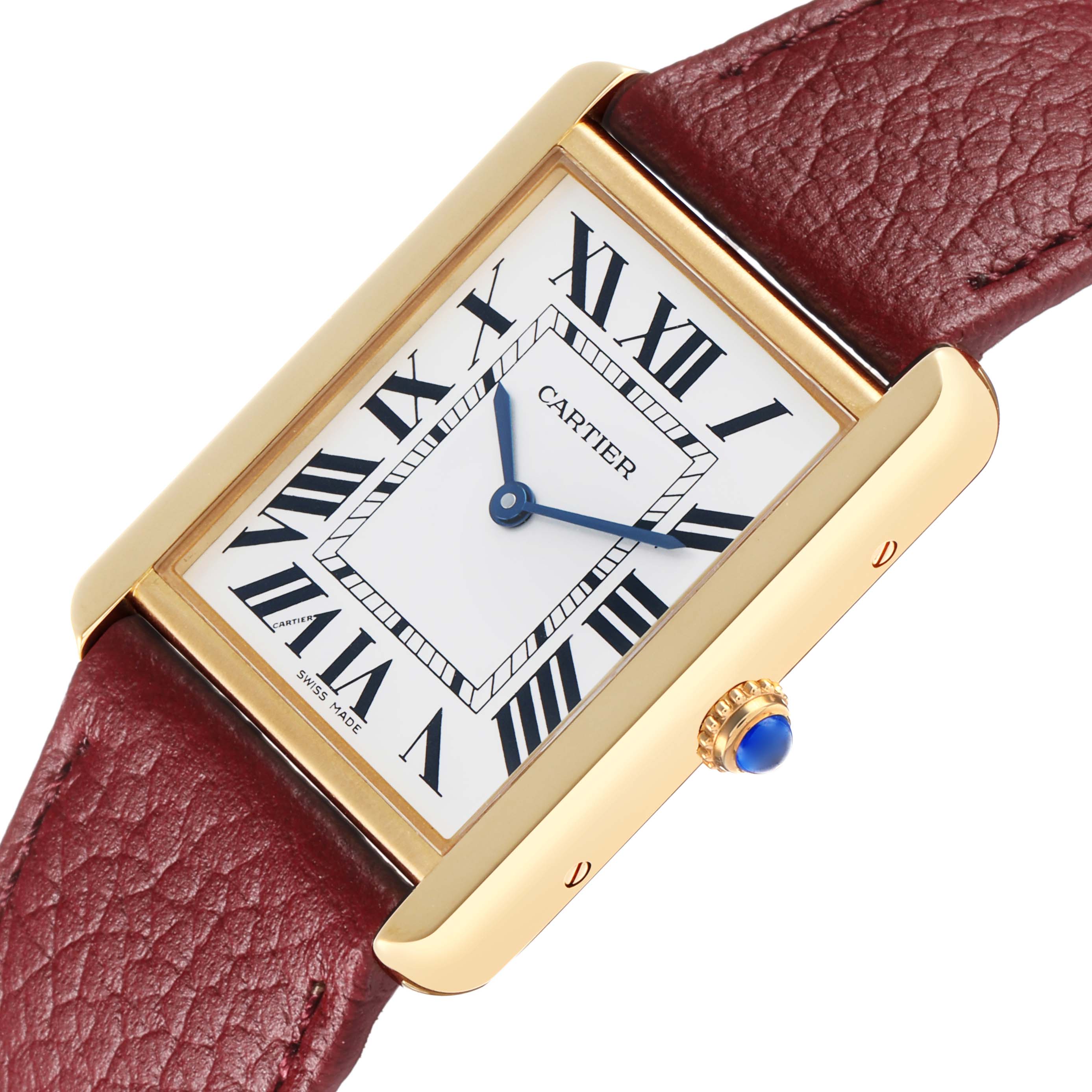 The Cartier Tank Solo W5200004 Men's Steel and Gold (two tone) Silver Dial watch is shown from a top angled view, highlighting the face, Roman numerals, gold case, and crown with a blue cabochon.