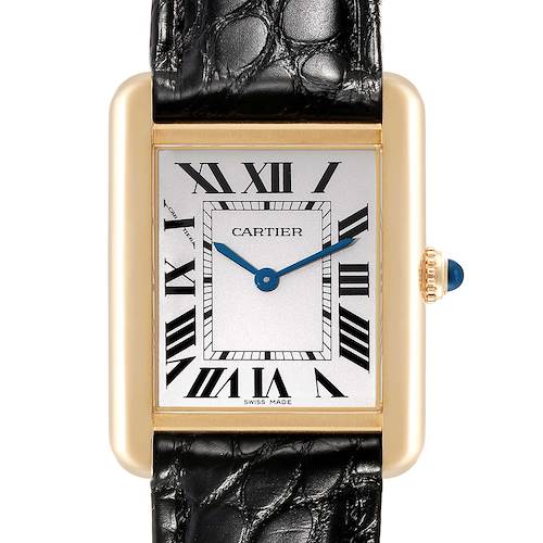 The image shows a front-facing view of a Cartier Tank Solo watch with a black leather strap and Roman numeral dial.