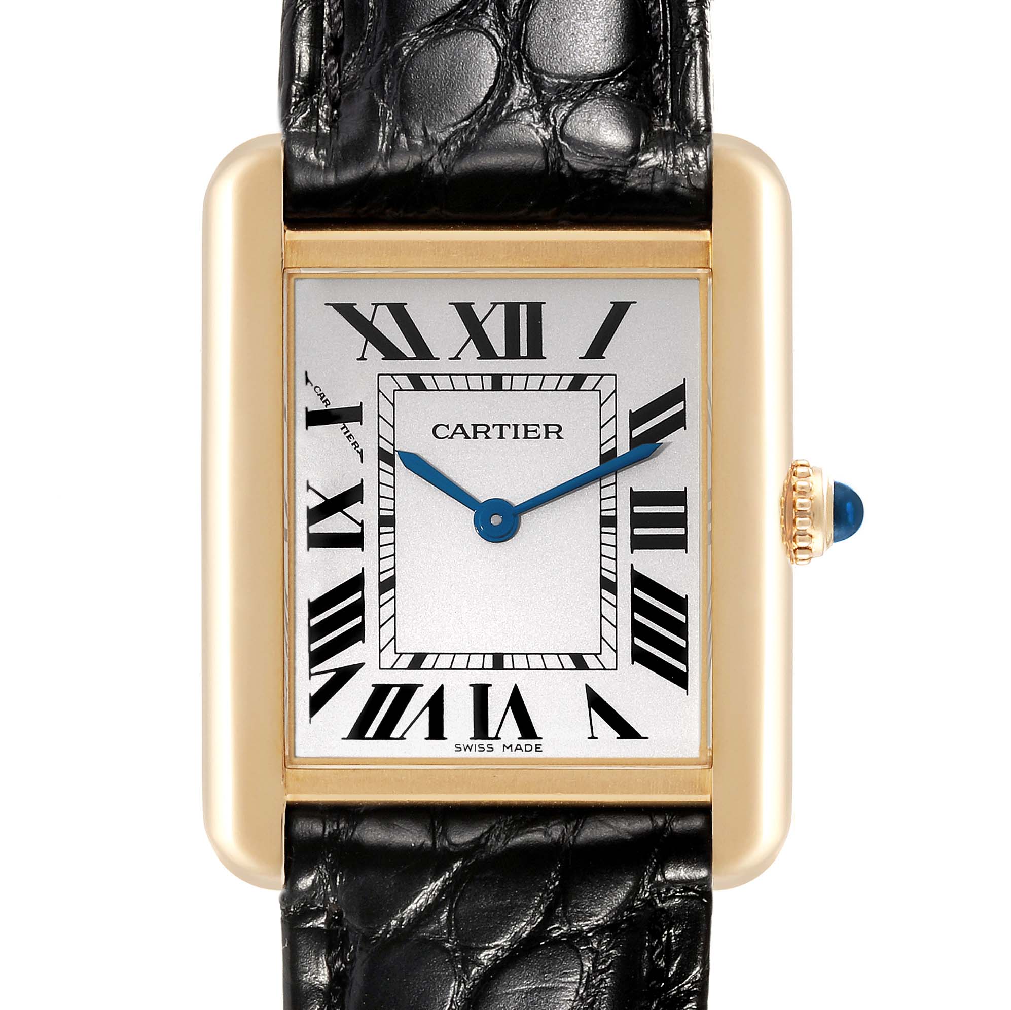 The image shows a close-up of the Cartier Tank Solo W1018755 Women's Yellow Gold Silver Dial W1018755 Women's Yellow Gold Silver Dial watch's face and part of its leather strap.