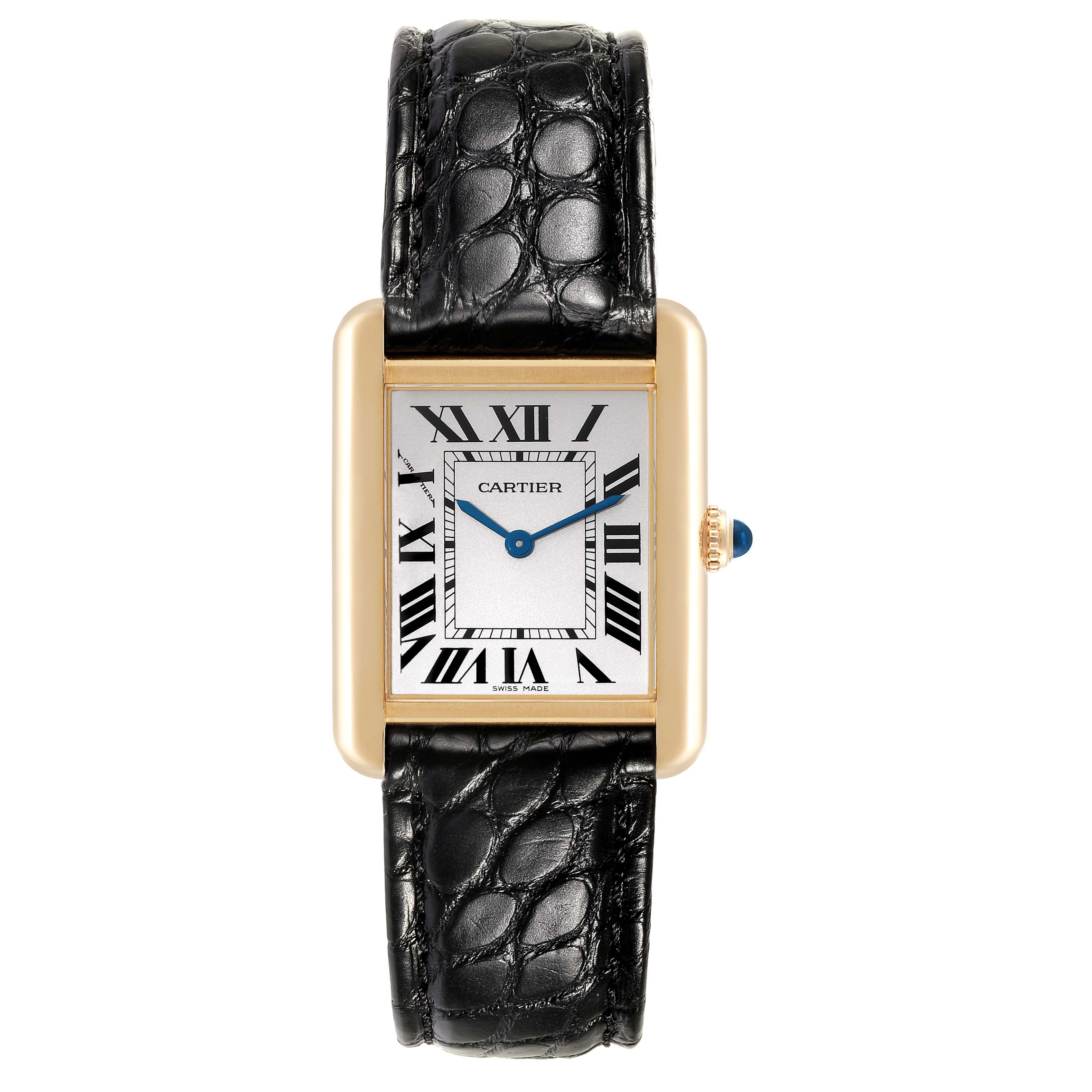 This image shows a Cartier Tank Solo W1018755 Women's Yellow Gold Silver Dial W1018755 Women's Yellow Gold Silver Dial watch from a top-down angle, displaying the face, casing, and black leather strap.