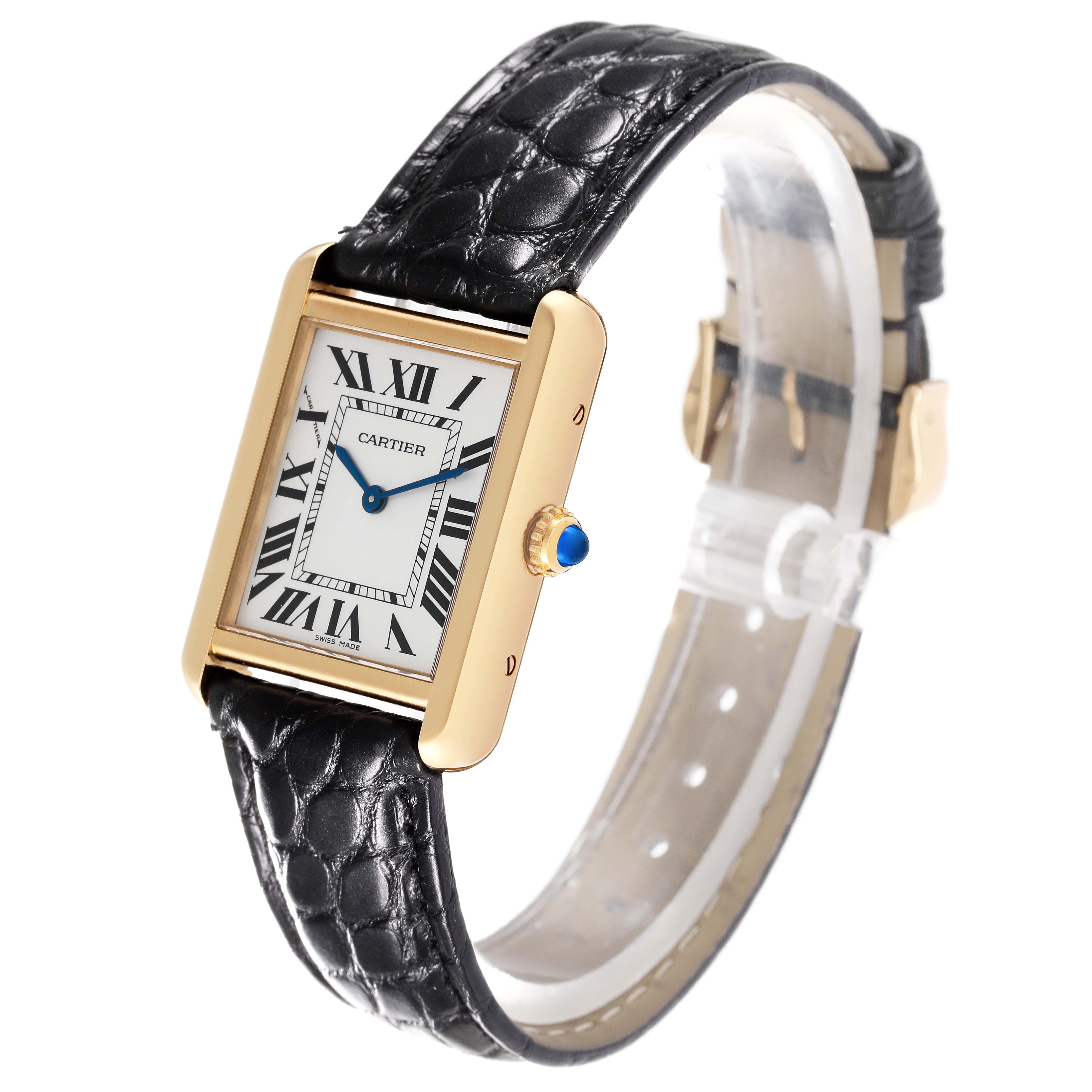 The Cartier Tank Solo W1018755 Women's Yellow Gold Silver Dial W1018755 Women's Yellow Gold Silver Dial watch is shown at a slight angle from the front, displaying its face, strap, and crown.