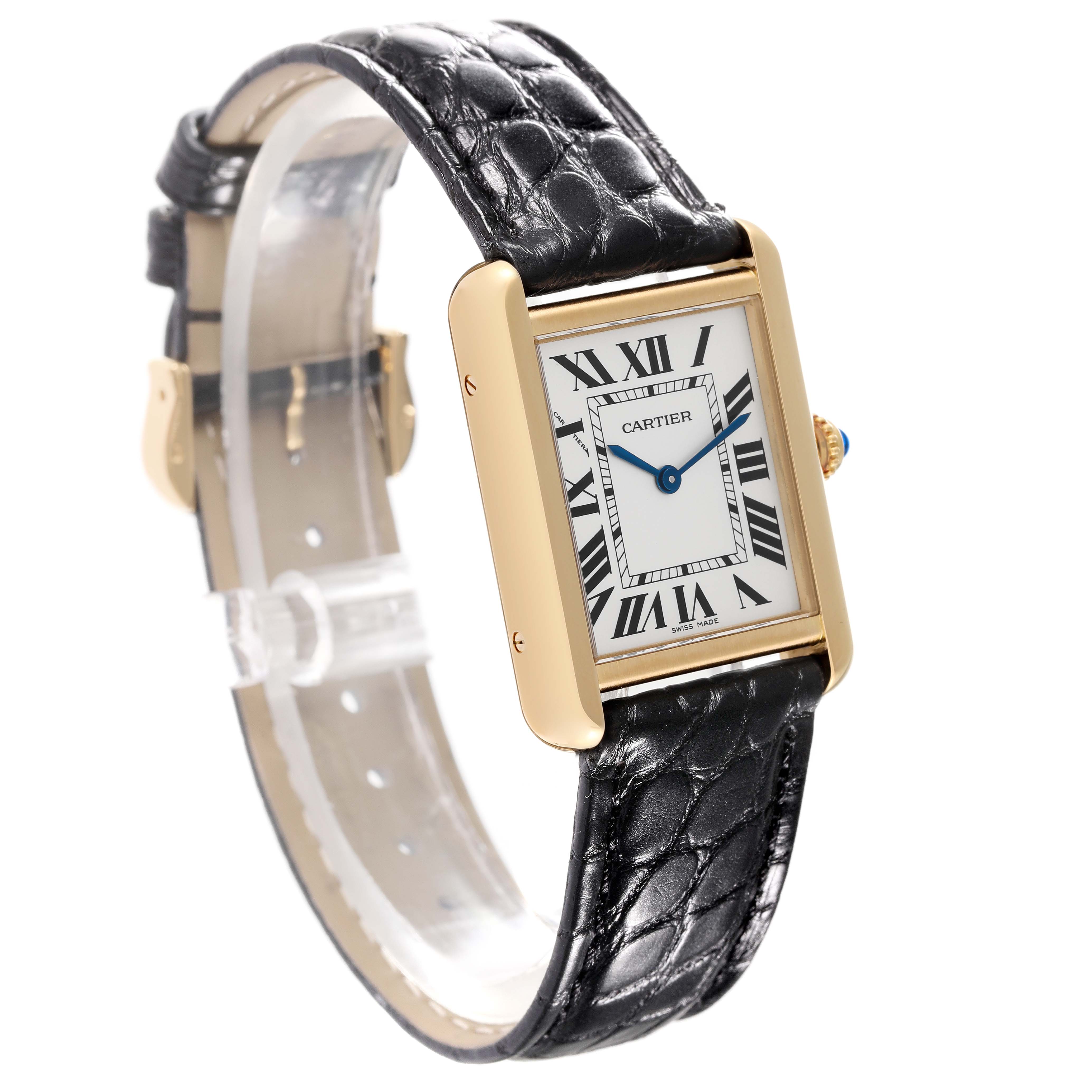 The image shows a side angle of a Cartier Tank Solo W1018755 Women's Yellow Gold Silver Dial W1018755 Women's Yellow Gold Silver Dial watch, highlighting its face, strap, and crown.