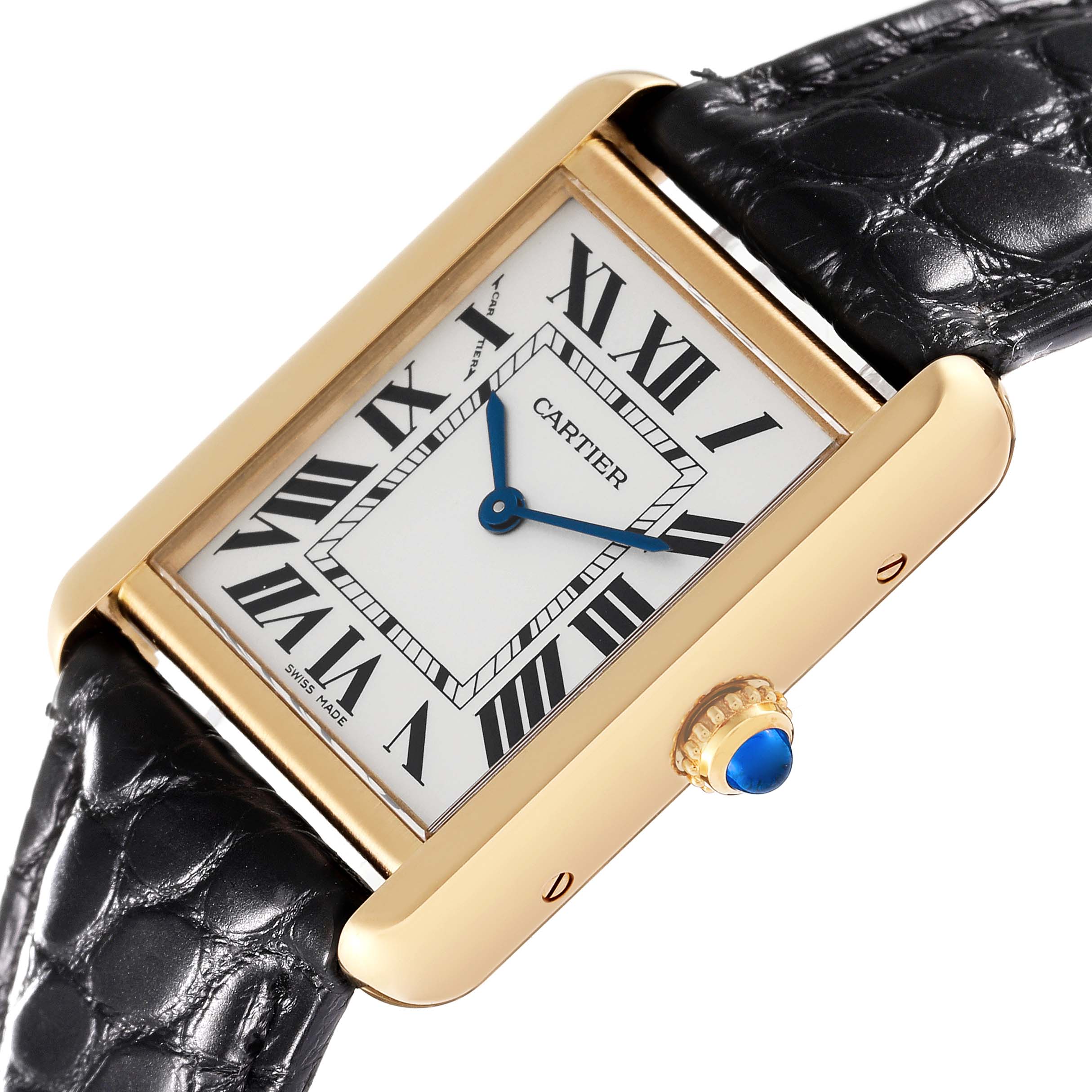 The image shows a Cartier Tank Solo W1018755 Women's Yellow Gold Silver Dial W1018755 Women's Yellow Gold Silver Dial watch at an angled close-up, highlighting its dial, case, crown, and leather strap.